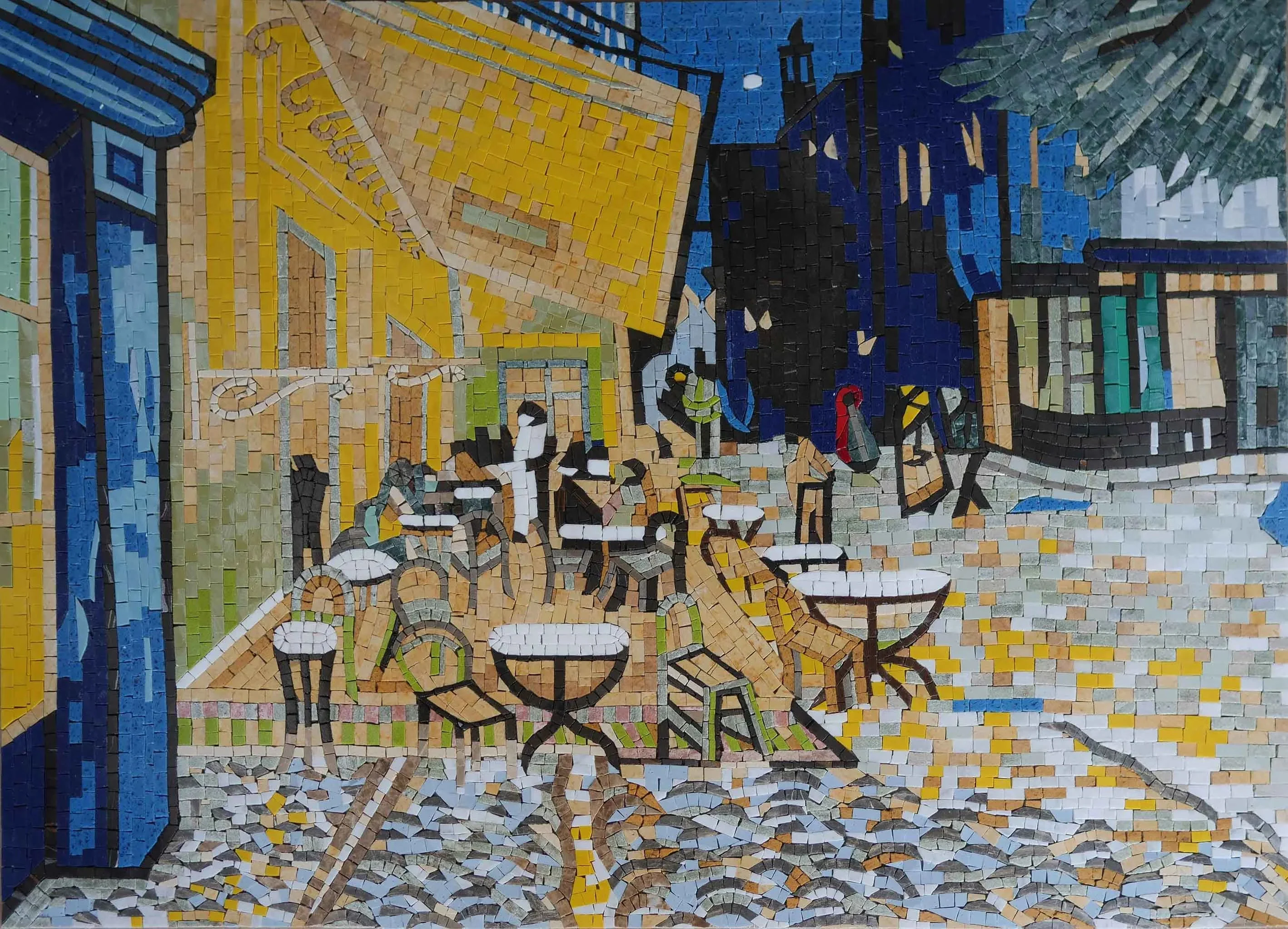 Cafe Scene - Marble Mosaic Table Top Art Reproduction - Mesh Backing