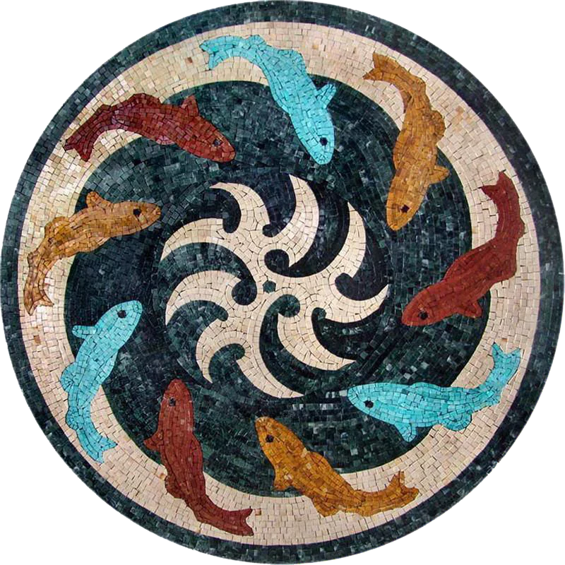 Dolphin Circle Motif - Marble Mosaic Border Multicolo Dolphins Nautical Medallion - Mesh Backing