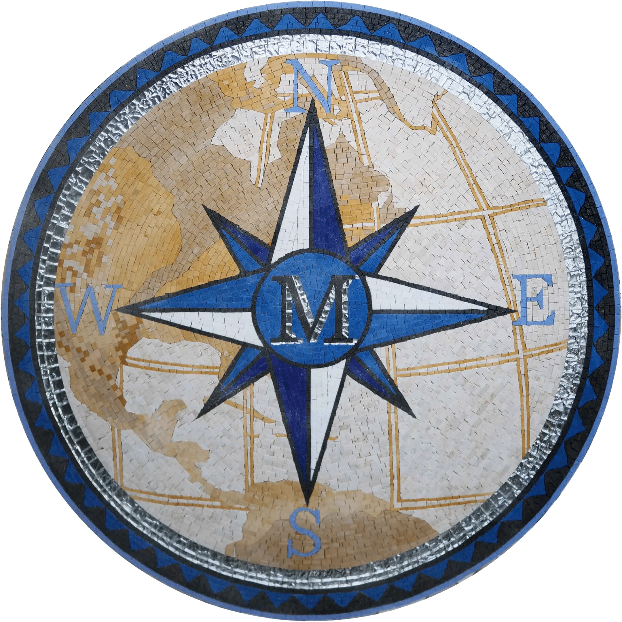 World Map Starburst - Marble Mosaic Wall Art Outdoor Custom Compass Medallion - Mesh Backing