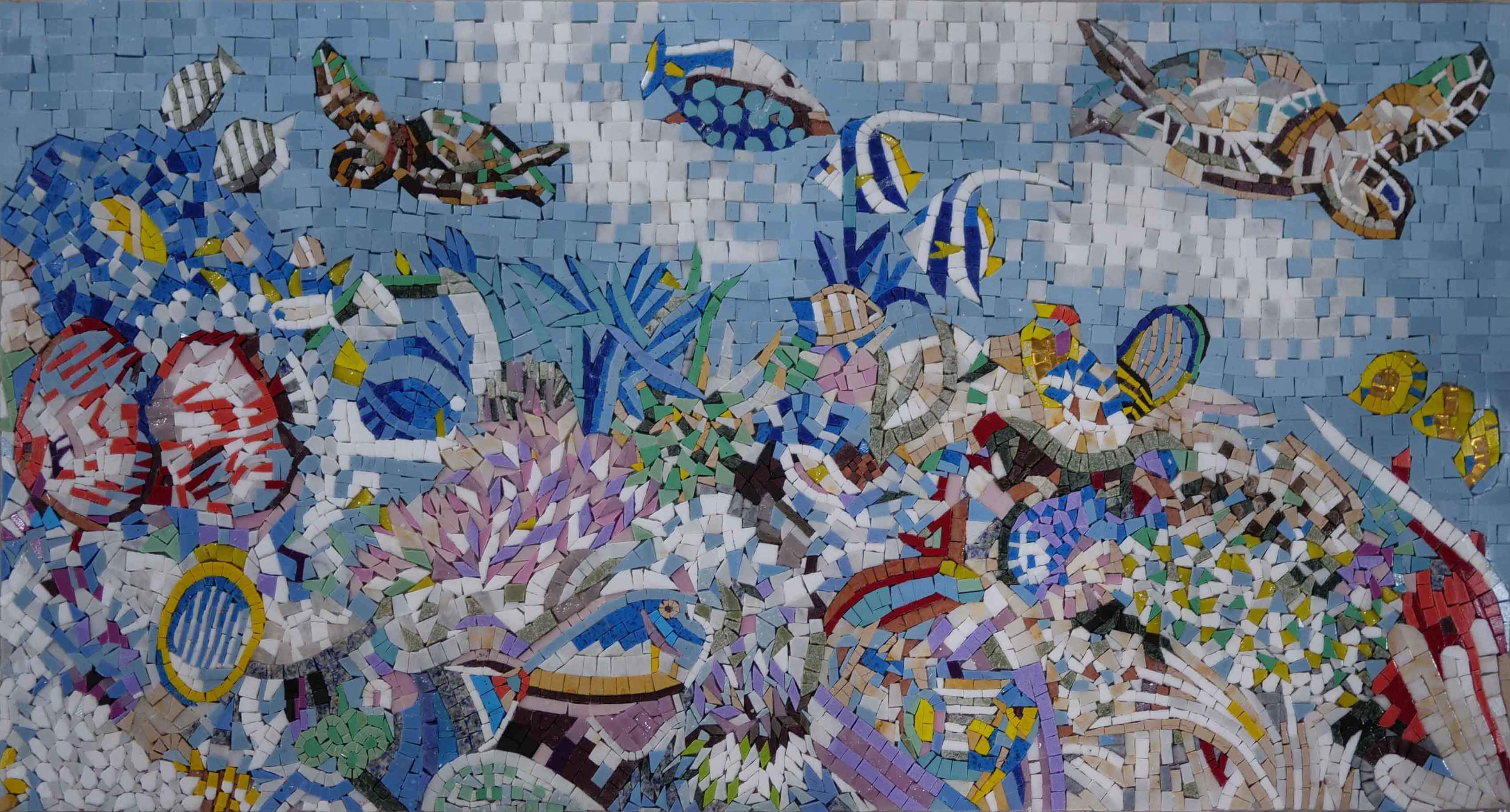 Geometric Life Scene - Mosaic Wall Art Pool Design - Mesh Backing