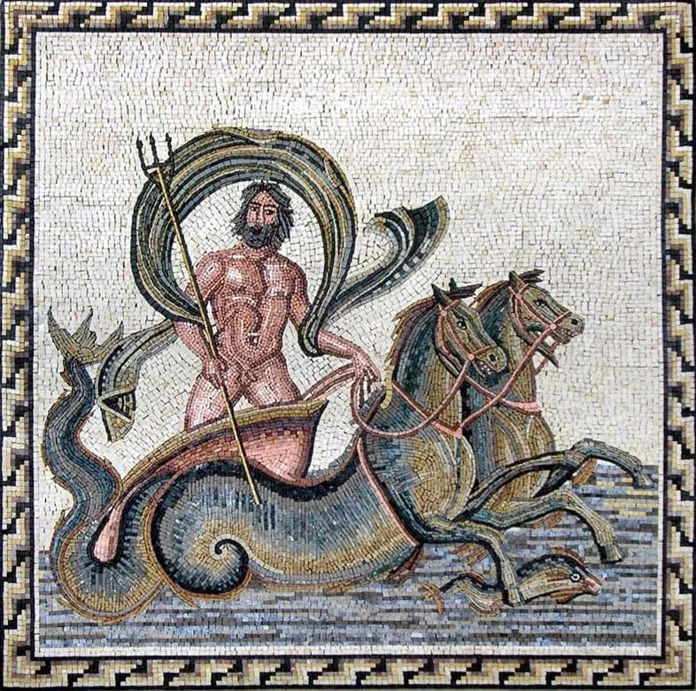 Neptune Figure - Marble Mosaic Roman Art - Mesh Backing