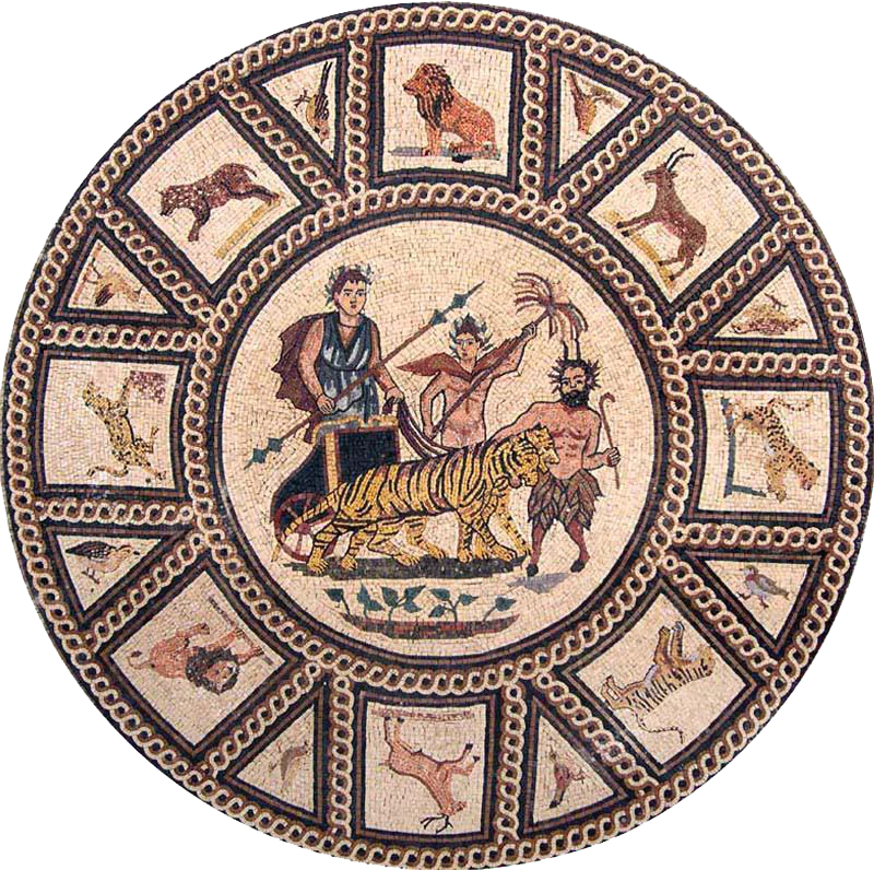 Zodiac Tiger Chariot - Marble Mosaic Roman Scene Reproduction Medallion Handcrafted Luxury Art - Mesh Backing