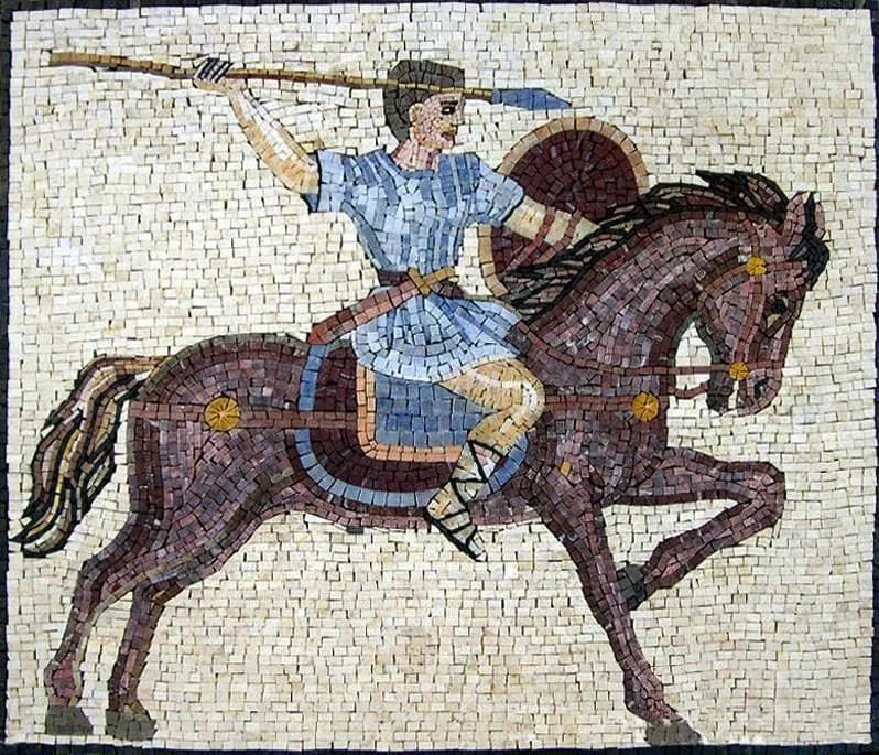 Rider With Spear - Marble Mosaic Spartan Warrior Ready Attack Mural - Mesh Backing