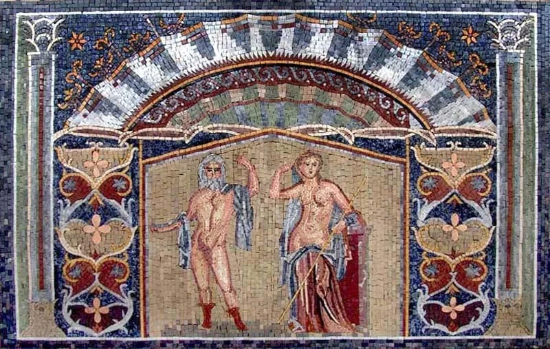 Figures Under Arch - Mosaic Border Roman Reproduction - Mesh Backing