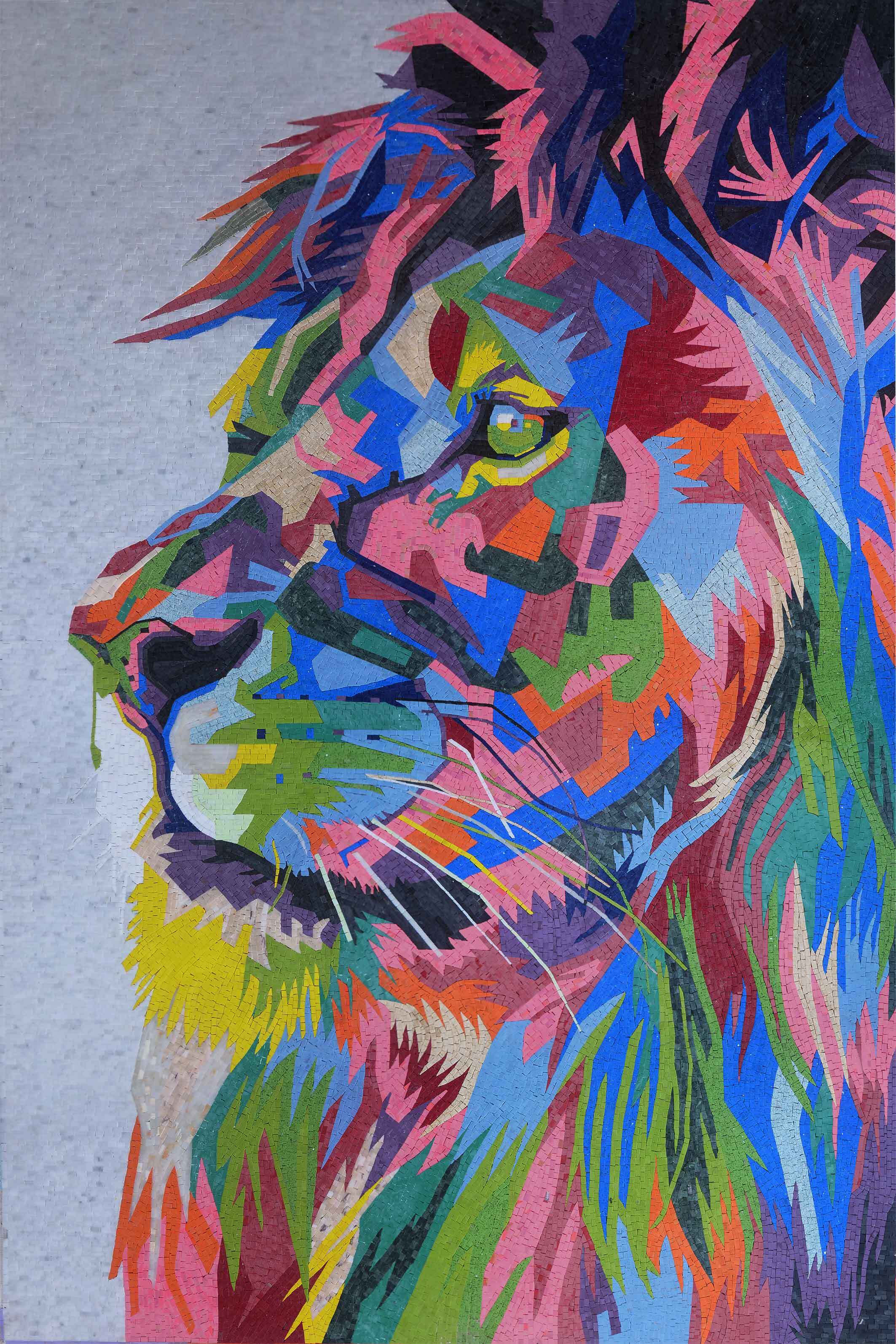 Geometric Lion Profile - Mosaic For Sale Rainbow Wall Art Luxury Handcrafted Natural Stone Decor - Mesh Backing