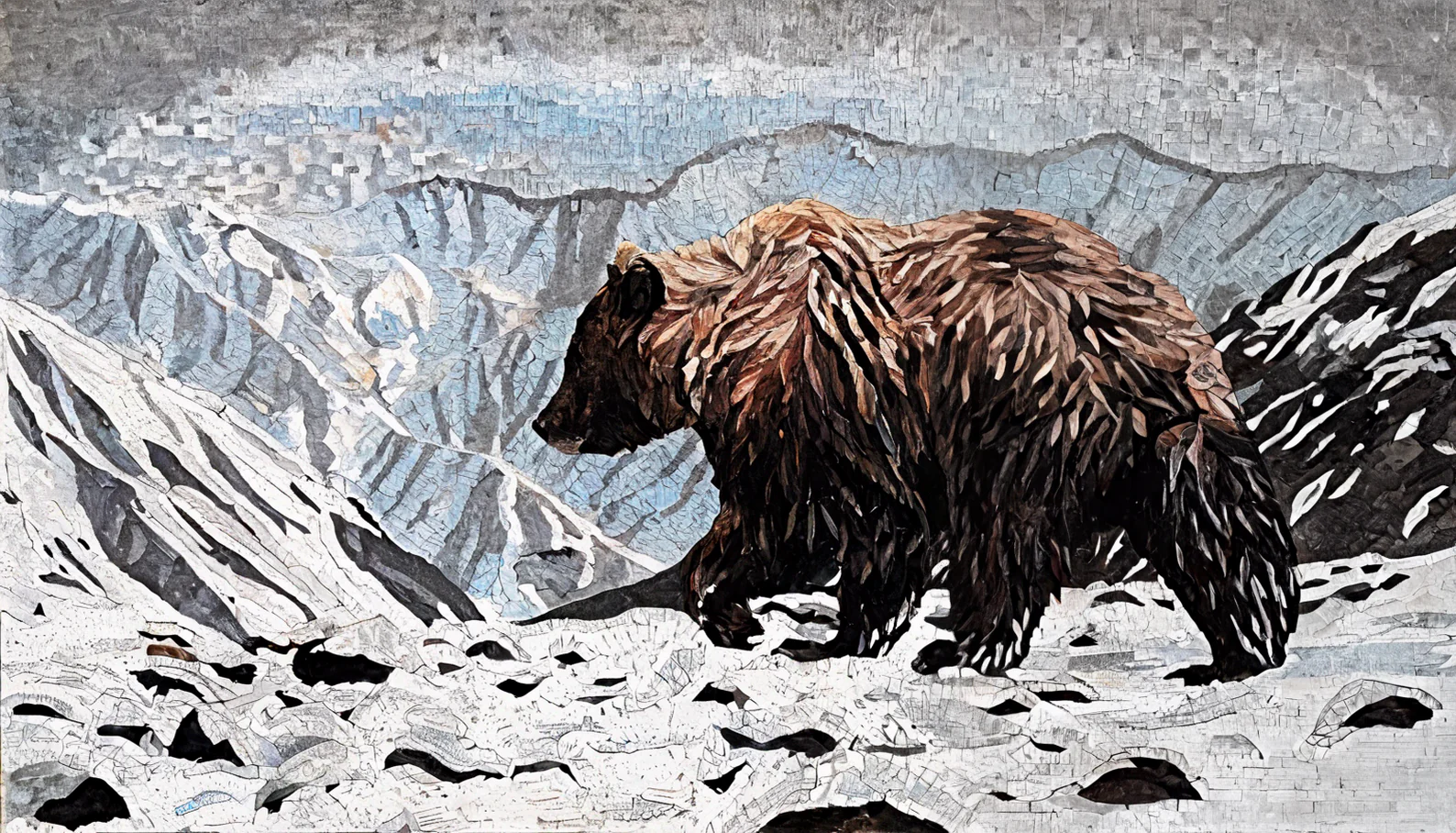 Bear in the Snowy Mountains - Luxury Handcrafted Mosaic Animal Art