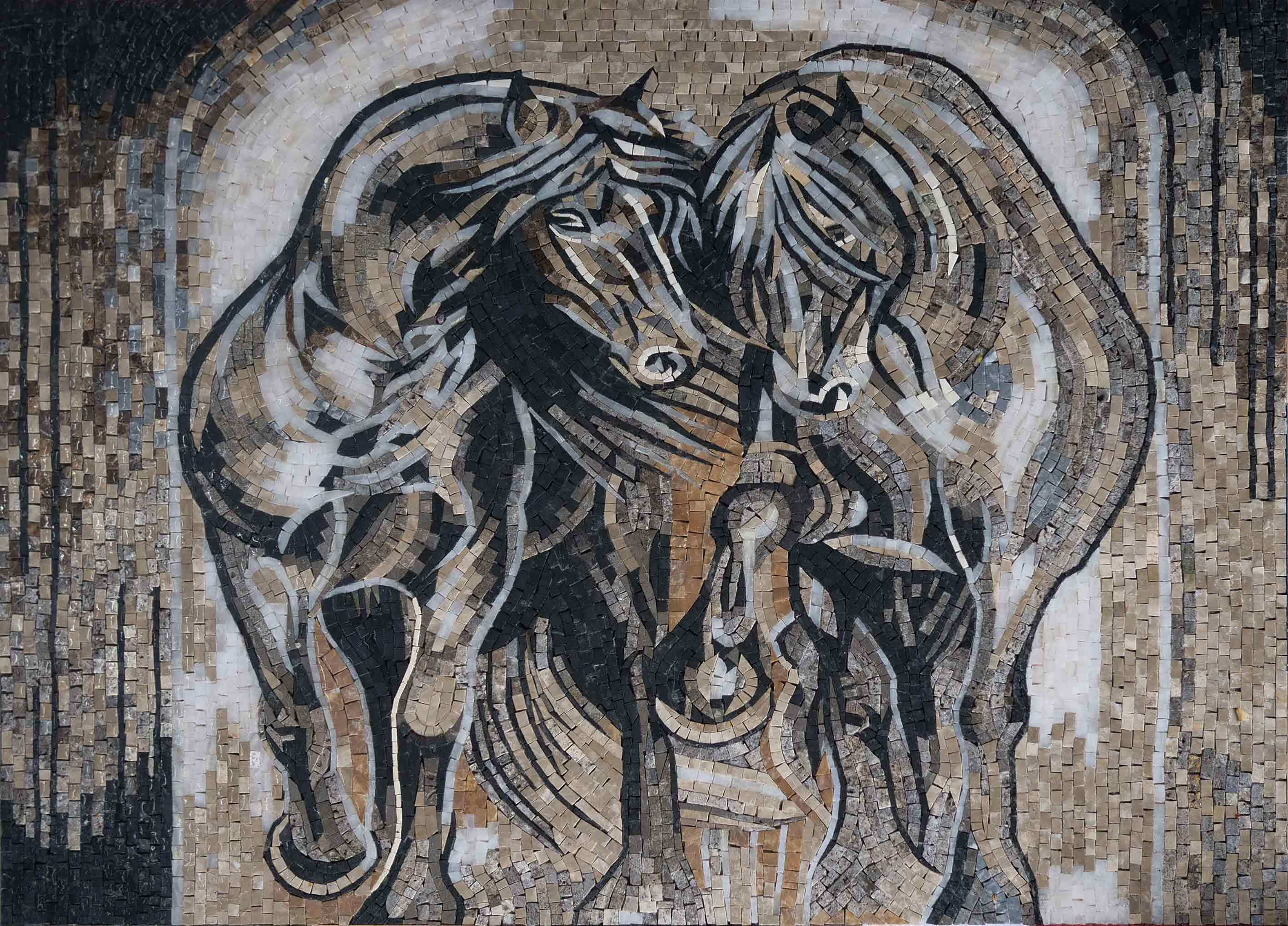 Two Horses Embrace - Mosaic Pattern Art - Mesh Backing