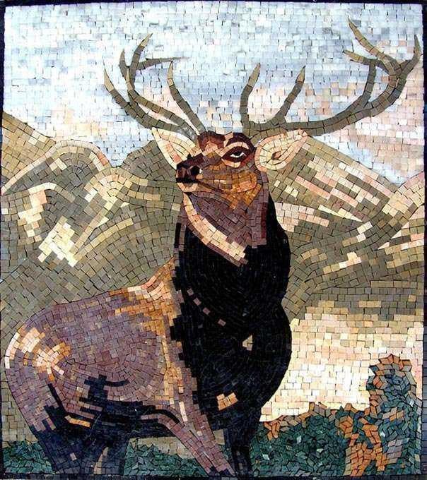 Majestic Elk Portrait - Marble Mosaic Art Luxury Handcrafted Natural Stone - Mesh Backing