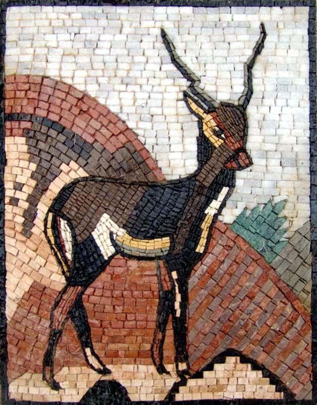 Standing Antelope Motif - Marble Sun Mosaic Mural - Mesh Backing