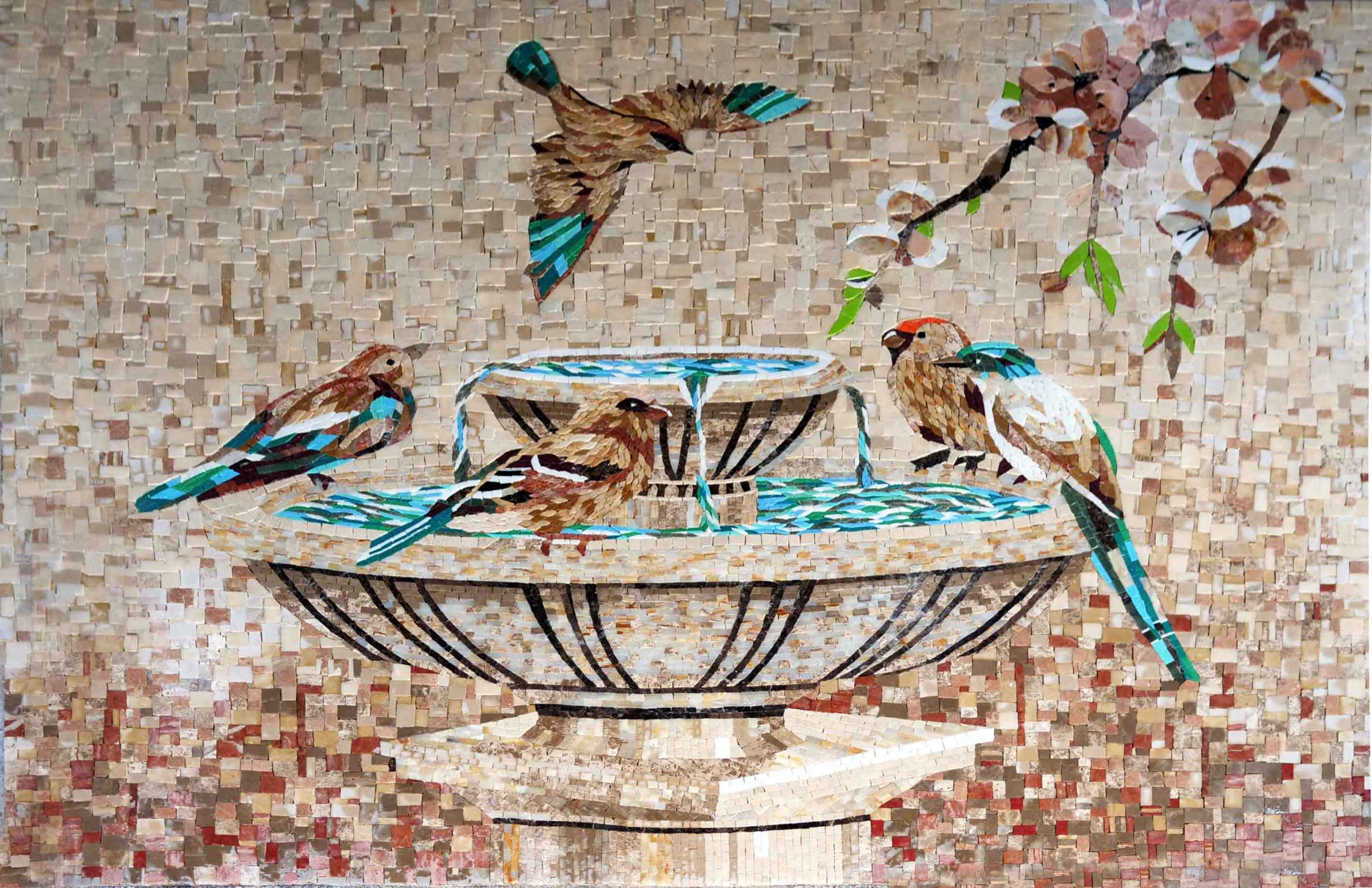 Birds Fountain Scene - Marble Mosaic Wall Murals Art - Mesh Backing