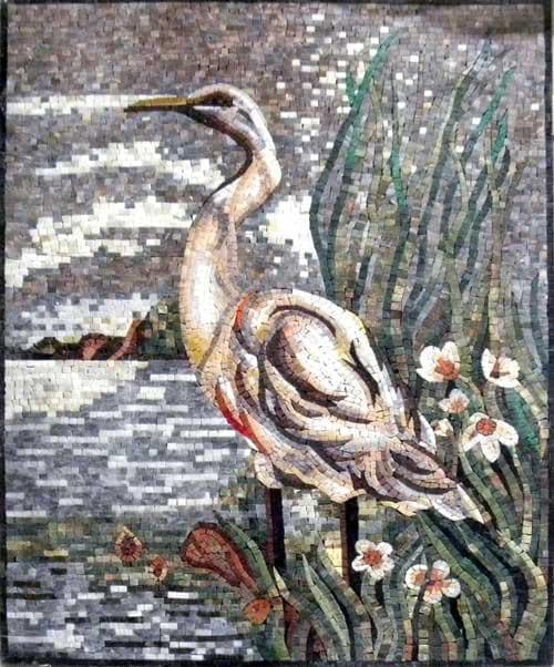 Standing Heron Motif - Marble Klimt Mosaic Tiles Art - Mesh Backing
