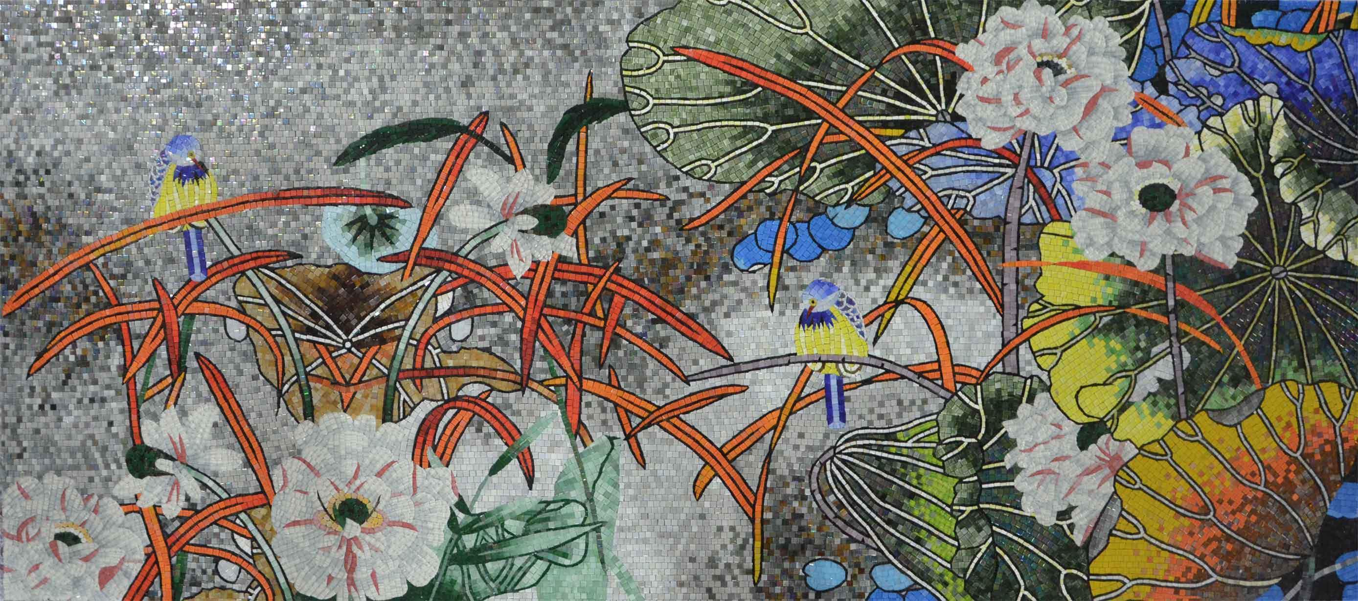 Birds Branches - Glass Swimming Pool Mosaic - Mesh Backing