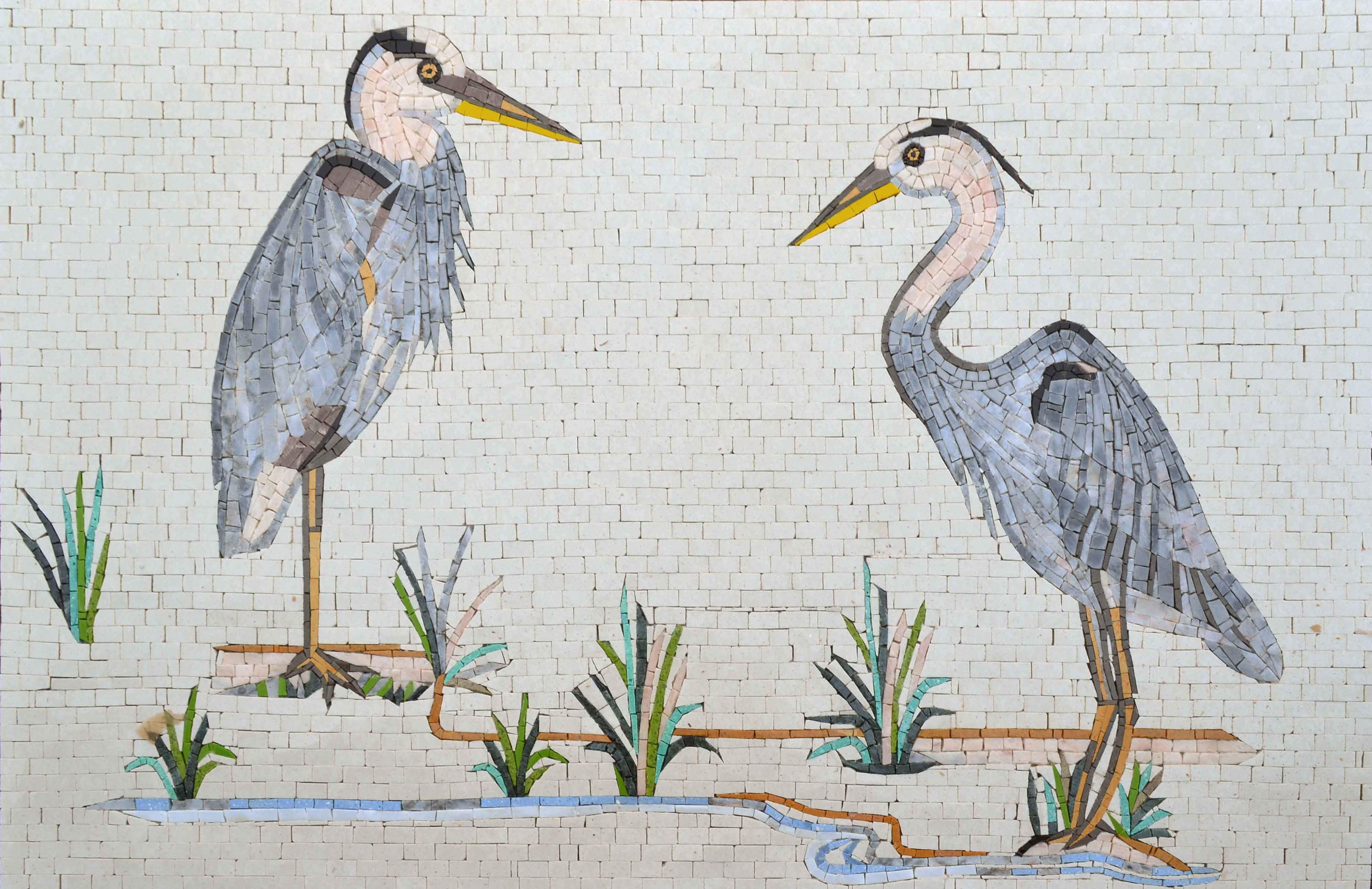 Two Herons - Klimt Mosaic Tiles Mural - Mesh Backing