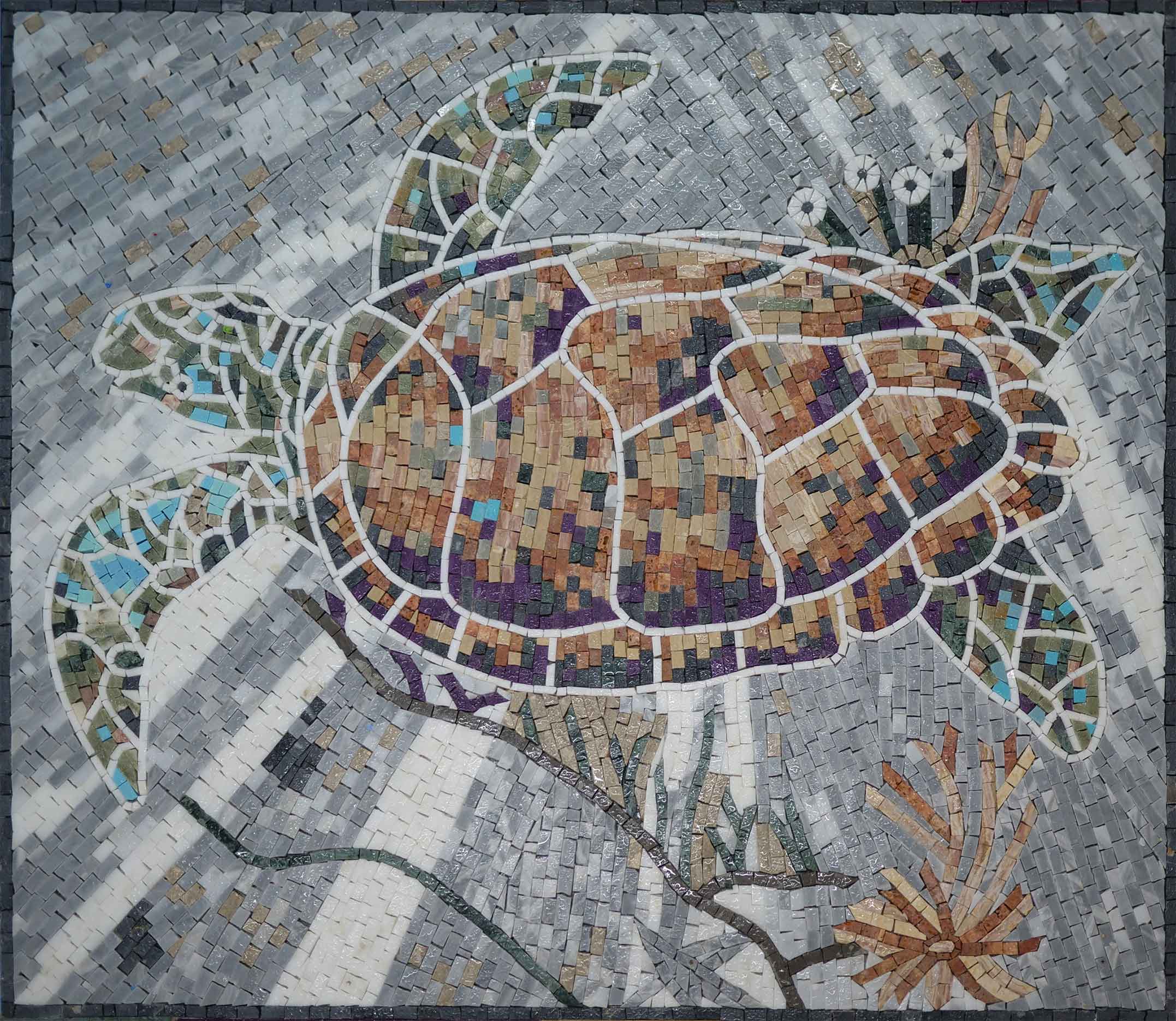 Sea Turtle Swimming - Marble Impressionist Mosaic - Mesh Backing