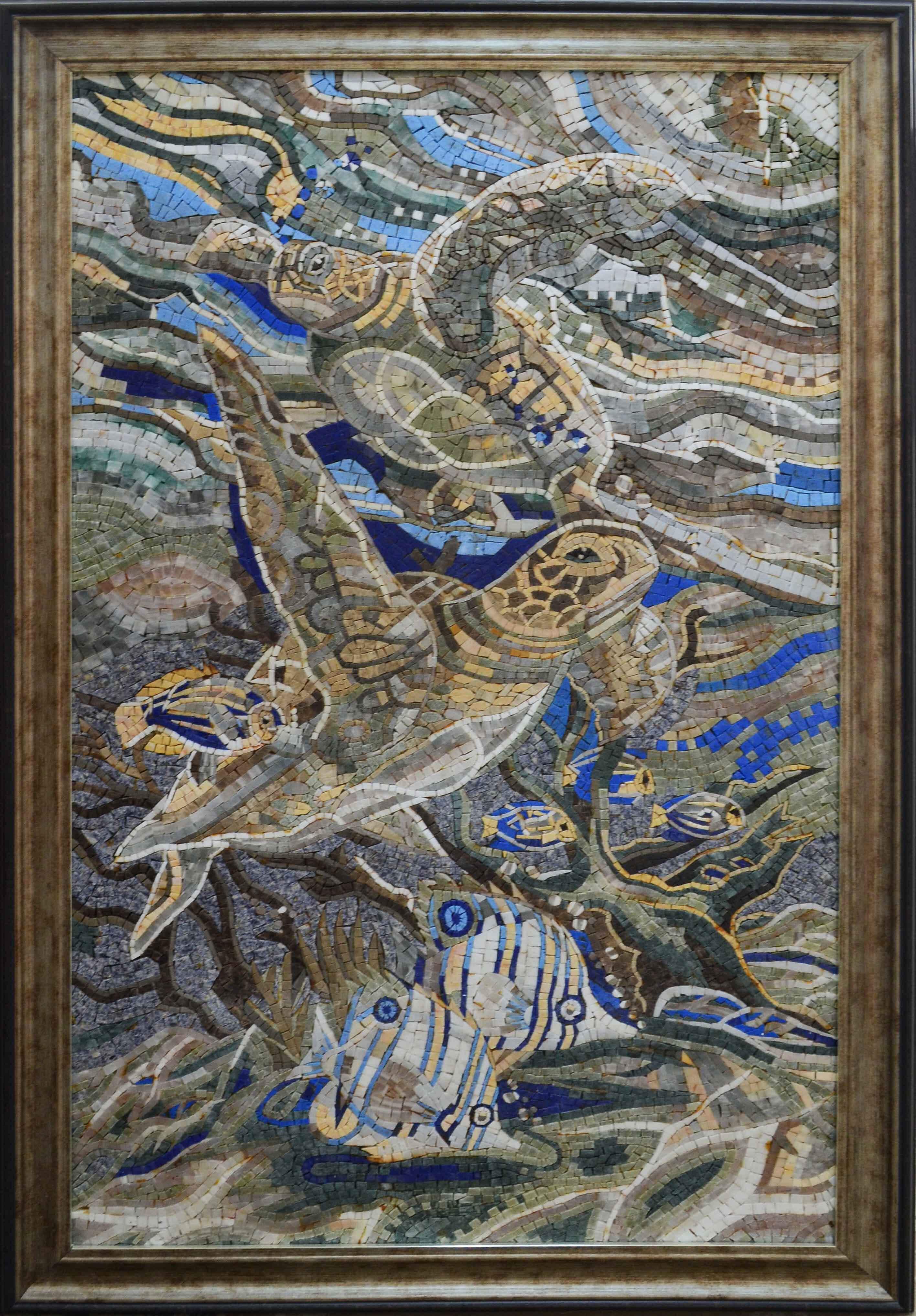 Swimming Turtles - Marble Mosaic Peacock Pool For Sale - Mesh Backing