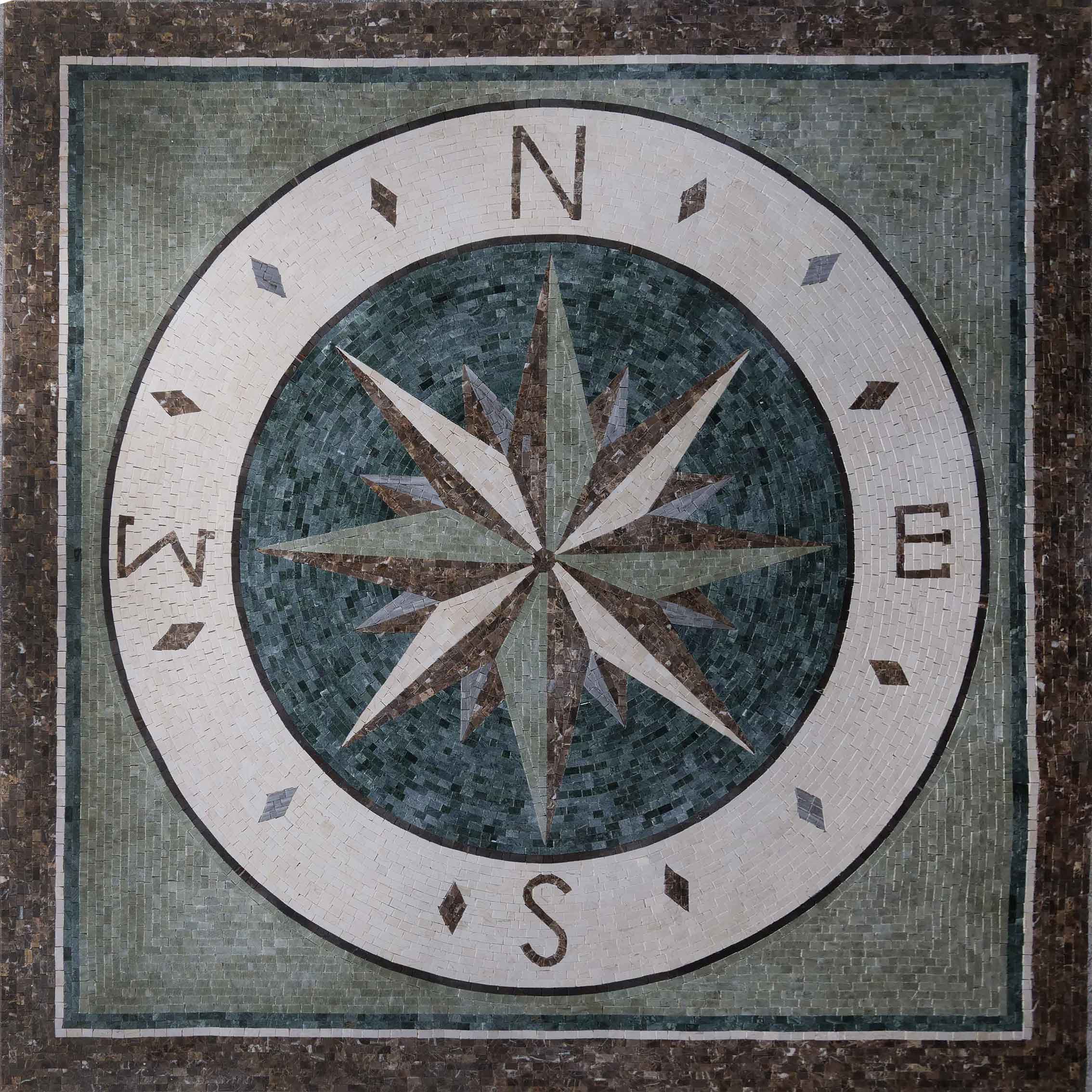 Compass Star Pattern - Marble Ancient Mosaic Artwork - Mesh Backing