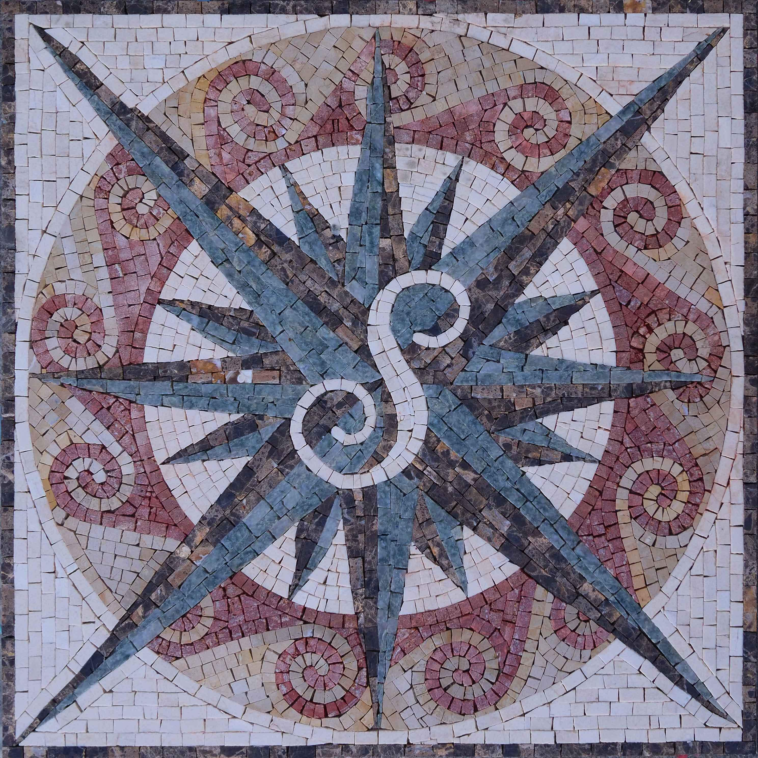 Compass Star Geometric Pattern - Marble Arabesque Mosaic Custom Art - Mesh Backing