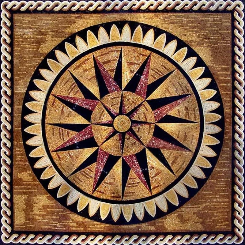 Saria - Marble Mosaic Compass Starburst Design - Mesh Backing
