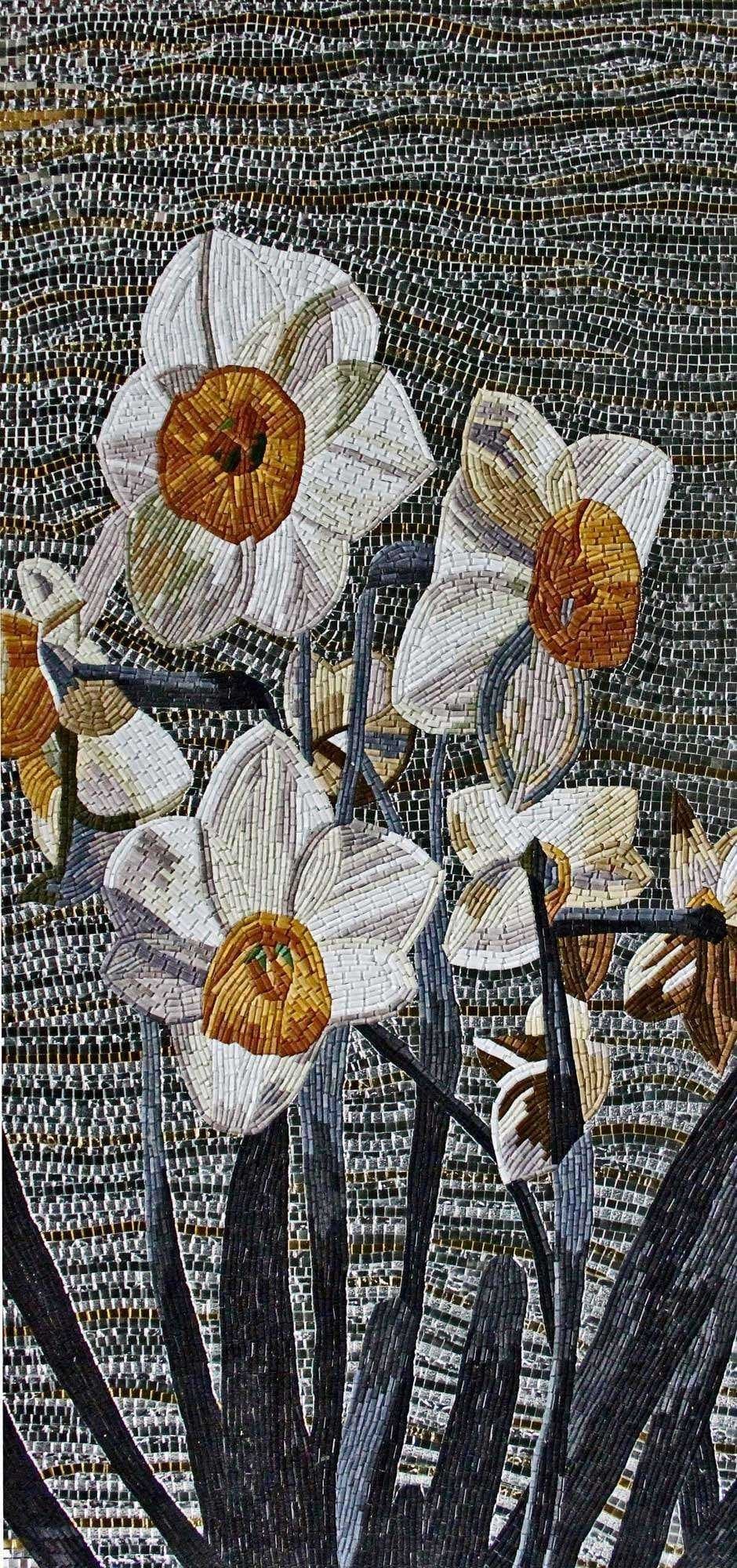Floral Arrangement - Glass Mosaic White Poppy Tile Art - Mesh Backing