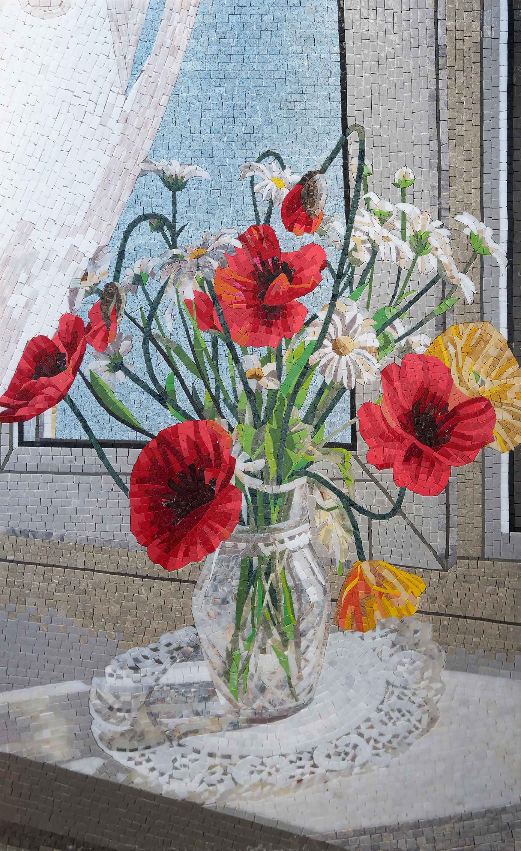 Vase Floral Arrangement - Mosaic Flower Patterns Design - Mesh Backing
