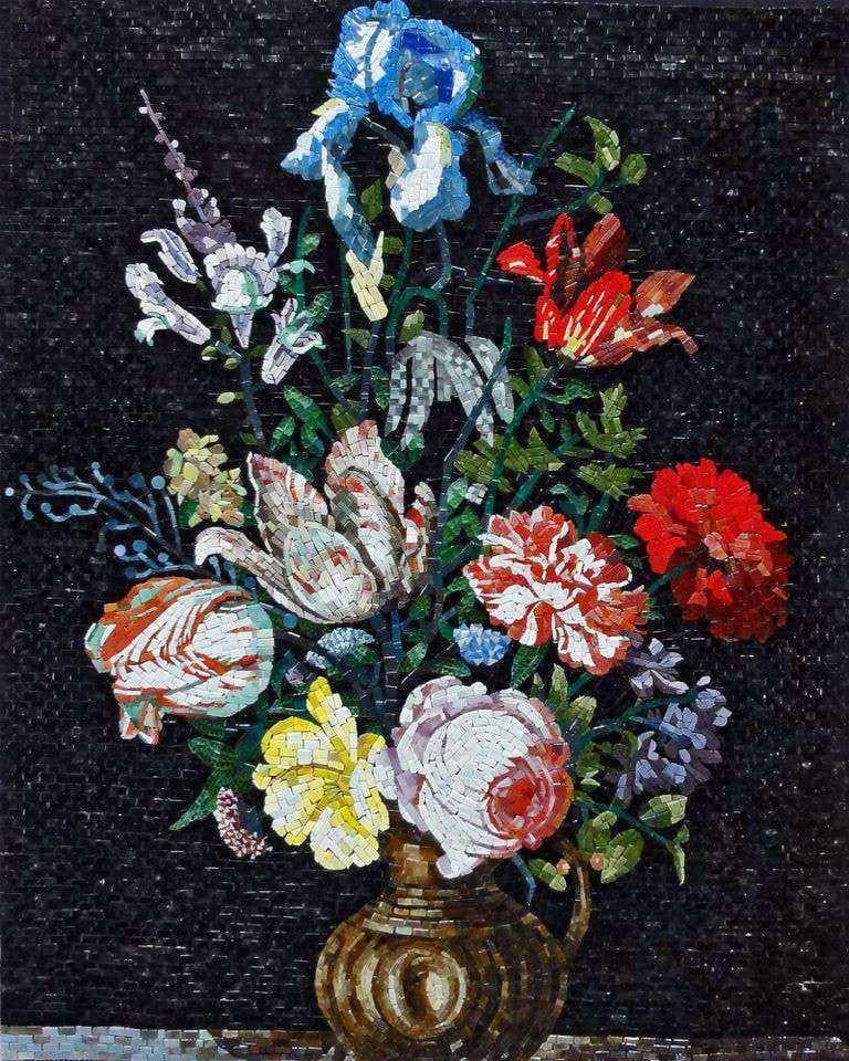 Enriched Floral Still Life - Glass Mosaic Art House Vase - Mesh Backing