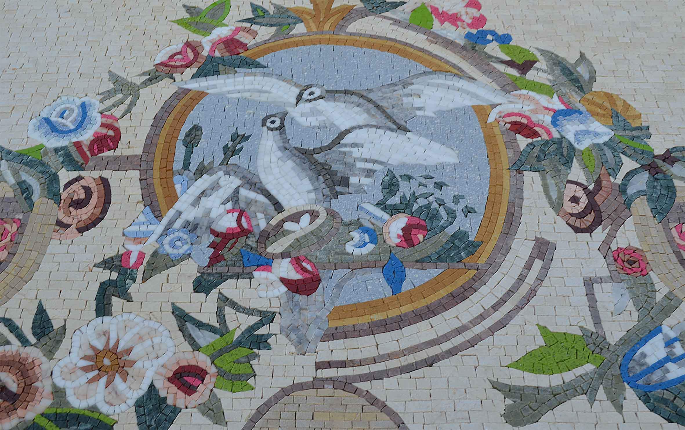 Geometric Doves Motif - Mosaic Peacock Artwork - Mesh Backing - Image 2