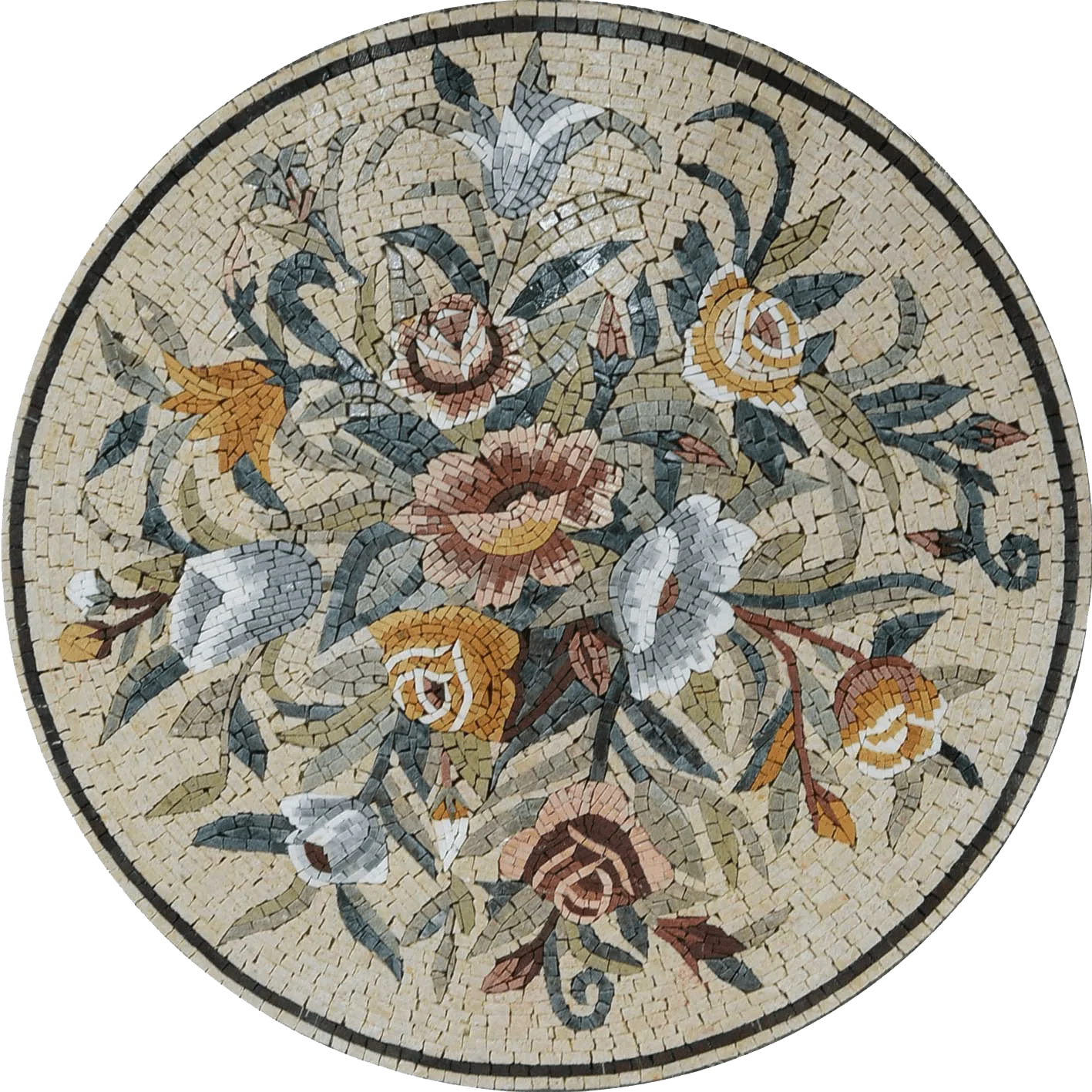 Floral Arrangement - Marble Mosaic Bouquet Medallion Artwork - Mesh Backing