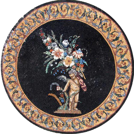 Enchanting Floral Cherub Medallion - Marble Mosaic Patterns - Mesh Backing