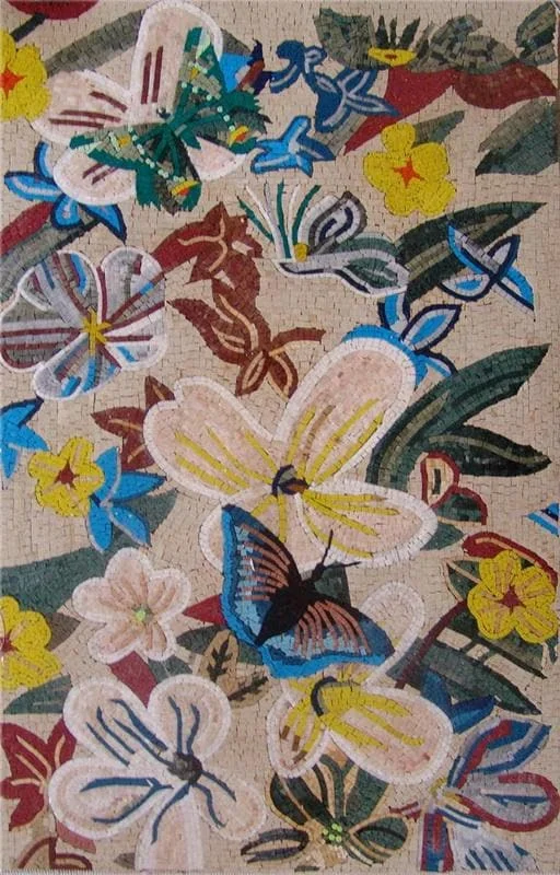 Floral Butterfly Garden - Marble Mosaic Mural Retrolilly Inspired - Mesh Backing