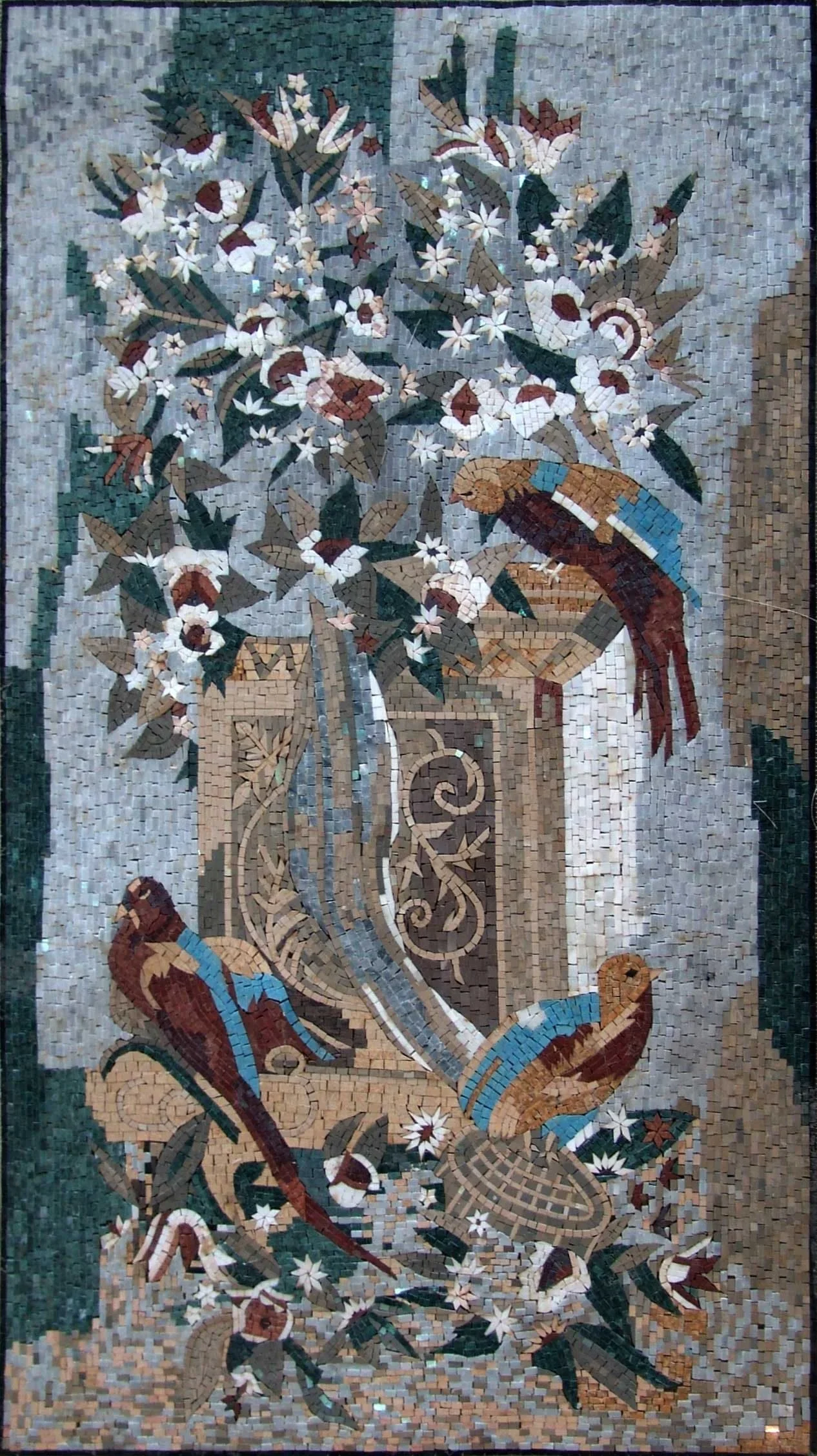 Floral Birds - Marble Mosaic Tile Patterns Dangling Roses - Mesh Backing