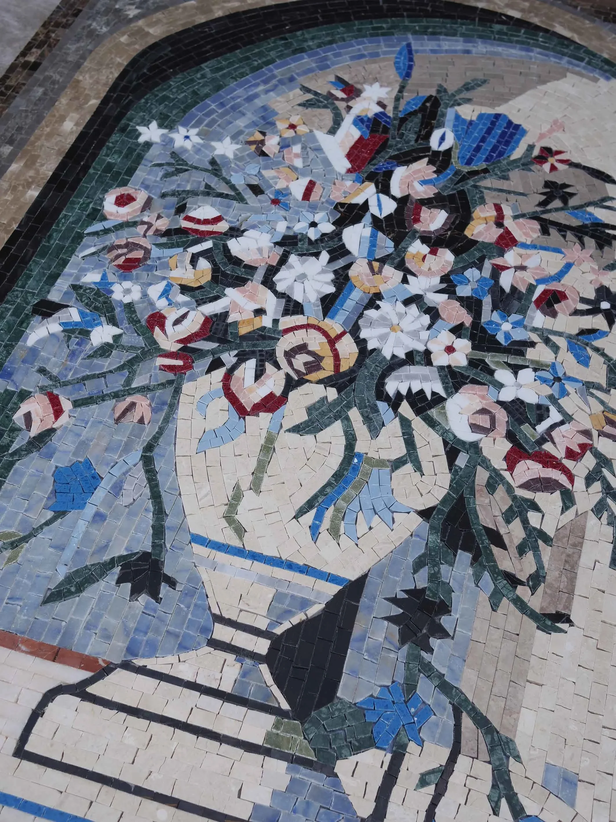 Enchanting Floral Bouquet - Marble Mosaic Wall Art Blue Accent - Mesh Backing - Image 2