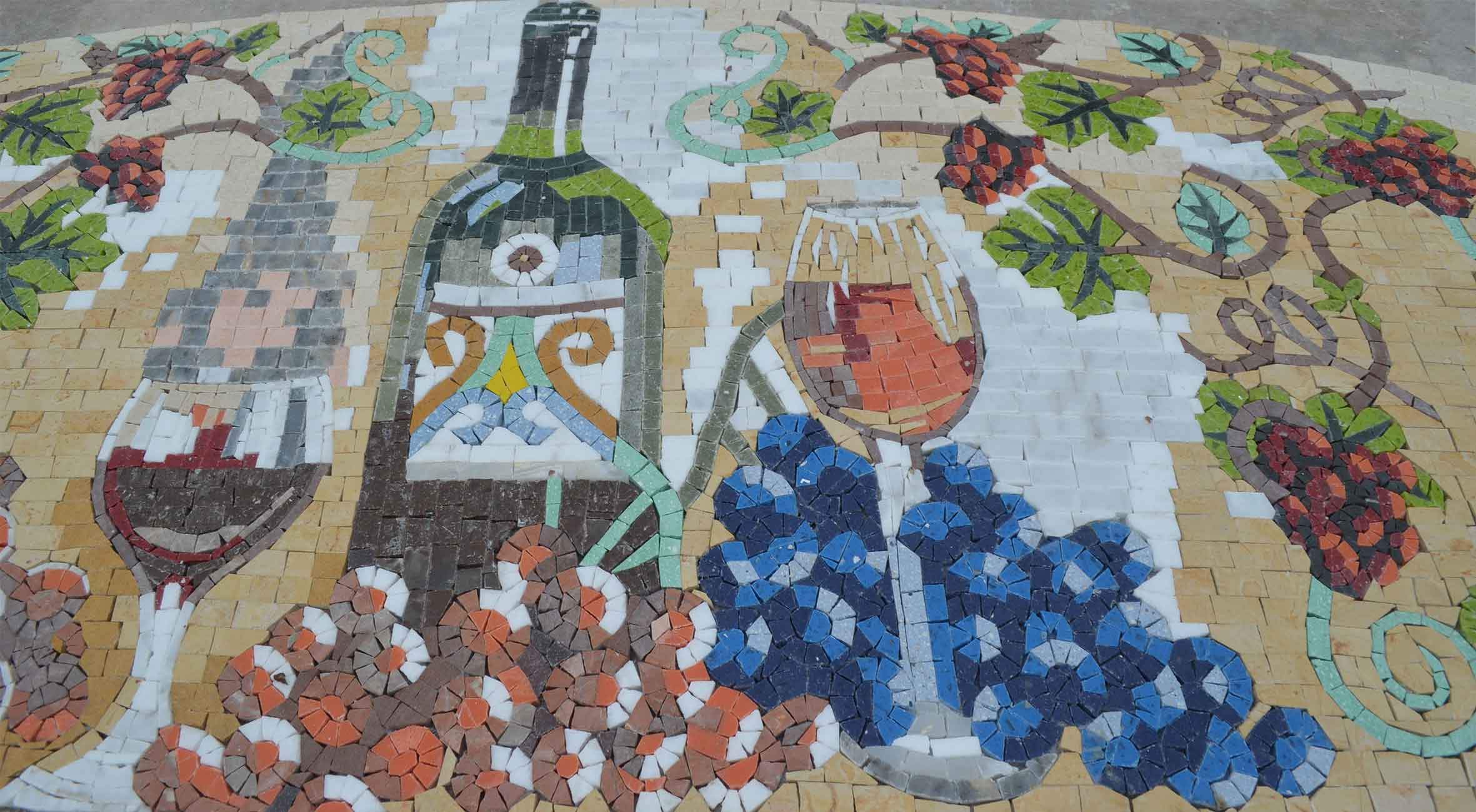 Wine Bottle Still Life - Bird Mosaic Art Tuscany Winery Mural - Mesh Backing - Image 2