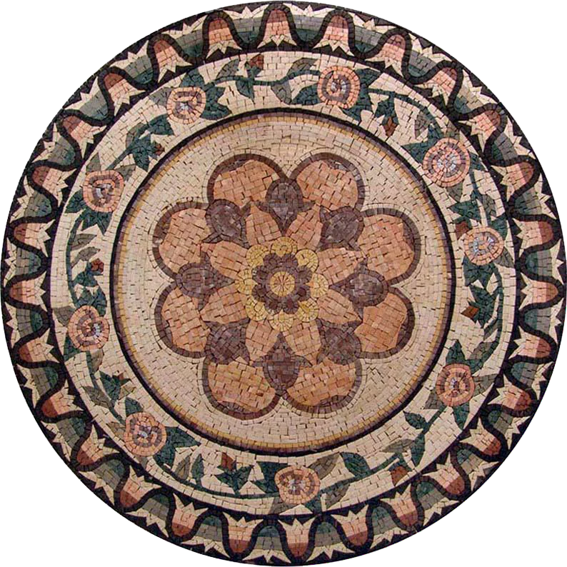 Round Flower Pattern - Marble Mosaic - Mesh Backing