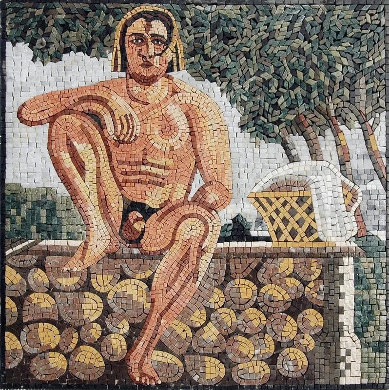 Seated Figure Logs - Mosaic Wall Decor Ancient Scene - Mesh Backing