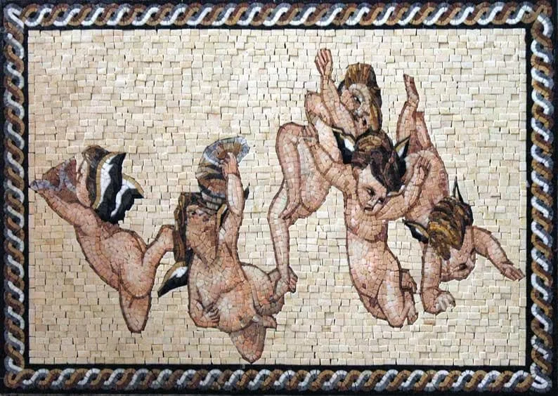 Angels Stone Figures - Marble Tiger Mosaic - Mesh Backing