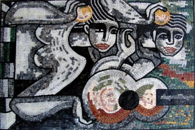 Figures With Guitar - Marble Mosaic Abstract Wall Art - Mesh Backing