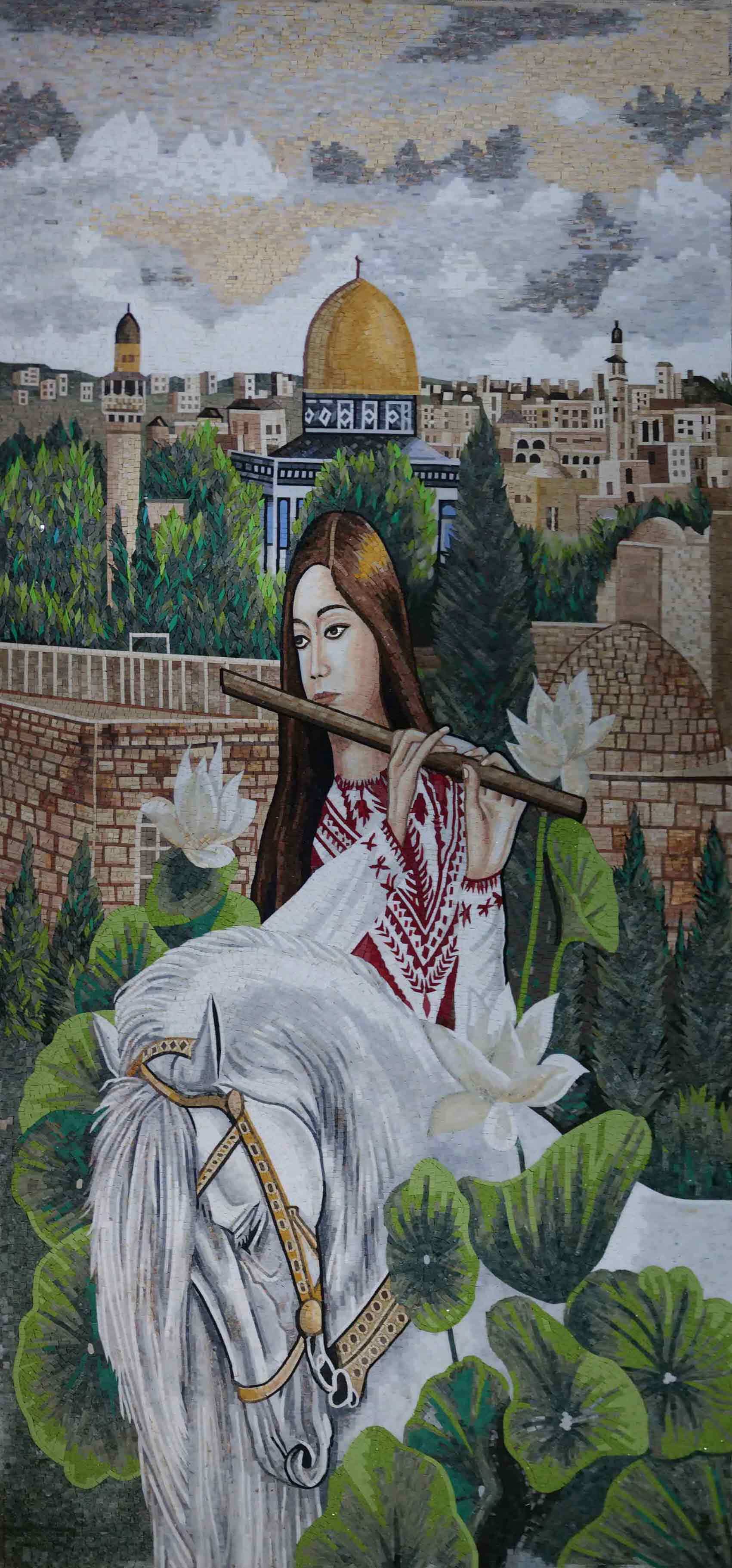 Flute Playing Palestinian Woman Art - Shower Niche Mosaic - Mesh Backing