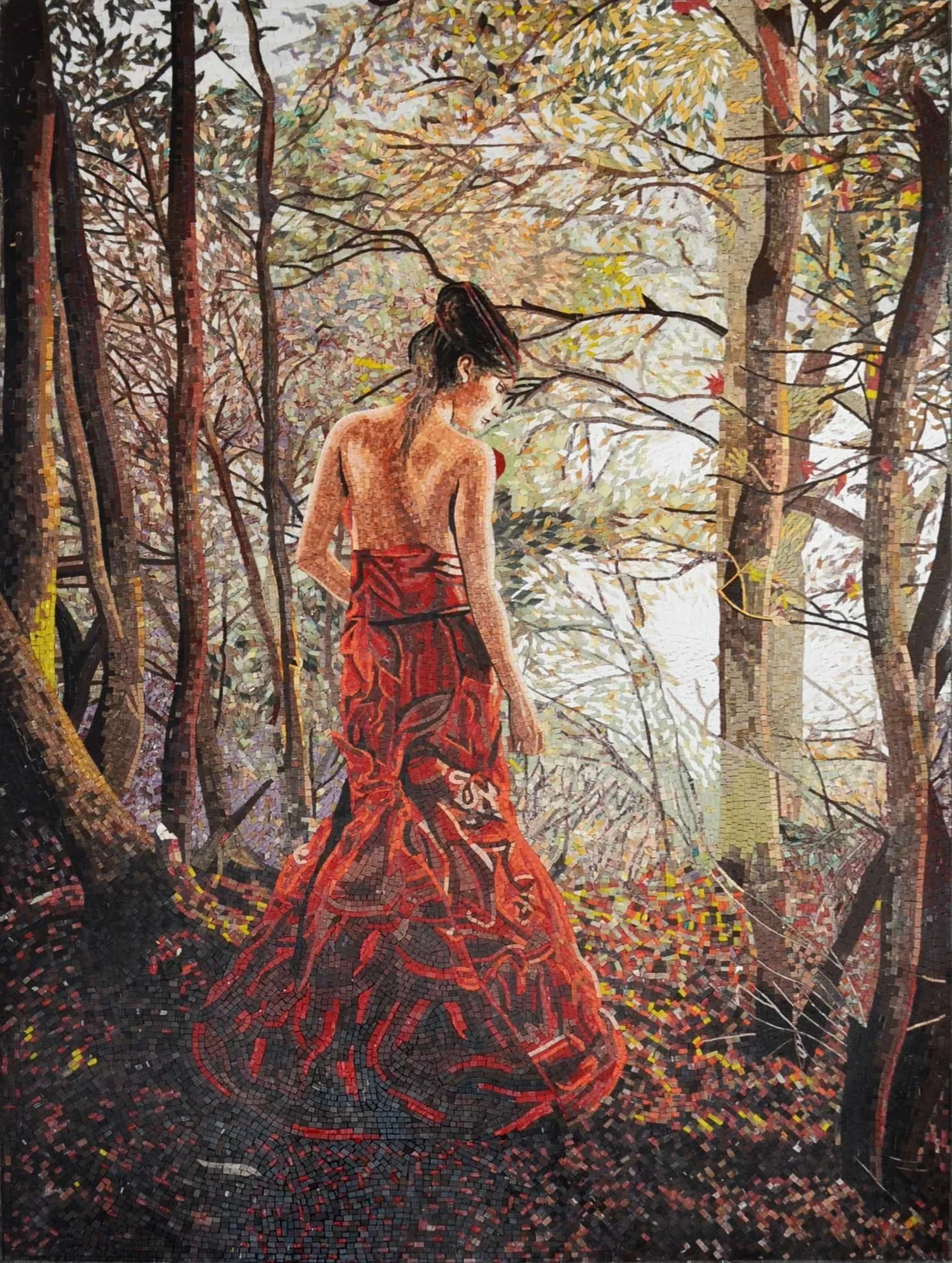 Forest Maiden Figure - Marble Mosaic Border Attractive Mural - Mesh Backing