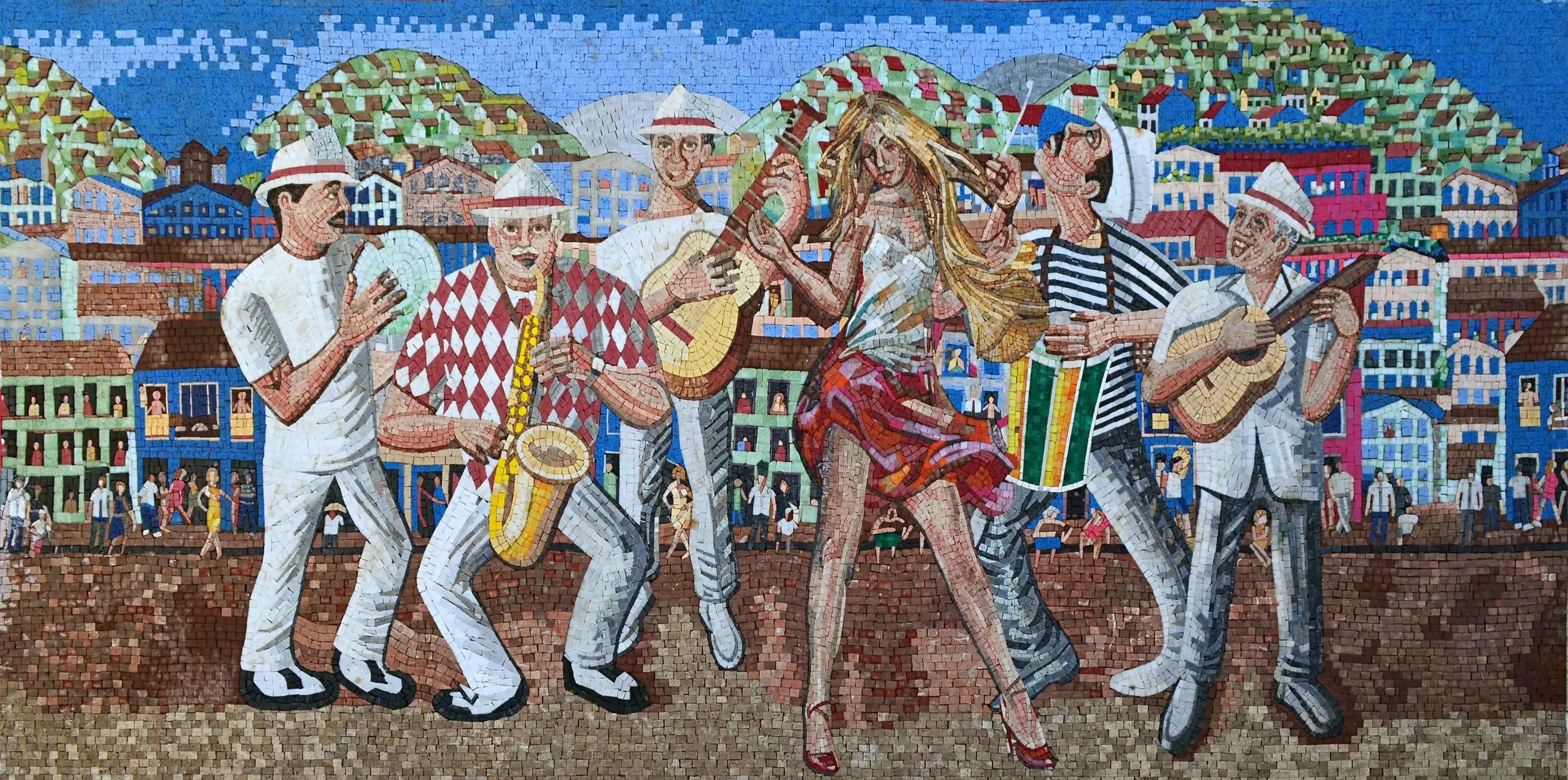 Samba Dancer With Musicians - Marble Floor Mosaic Mural - Mesh Backing