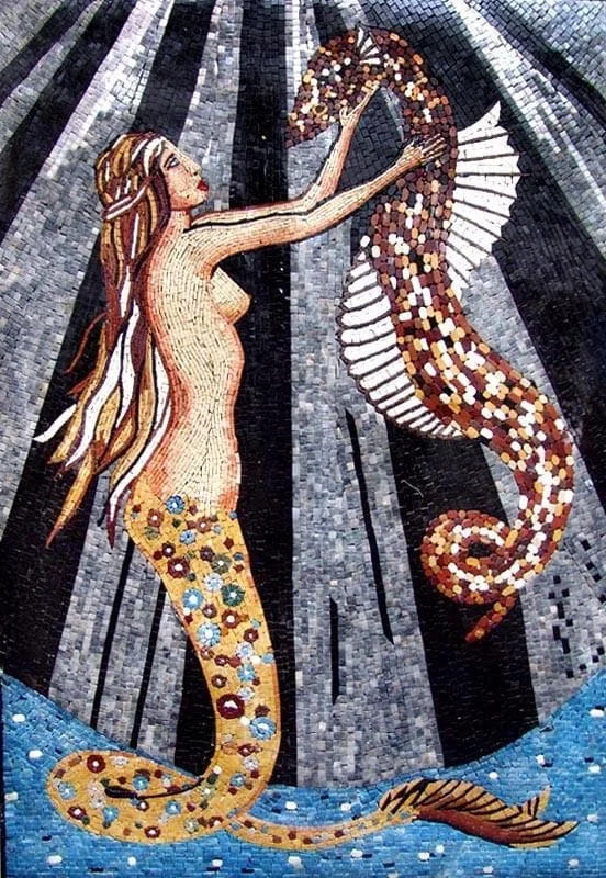 Woman With Seahorse - Marble Compass Pool Medallion Mosaic Mermaid Art - Mesh Backing