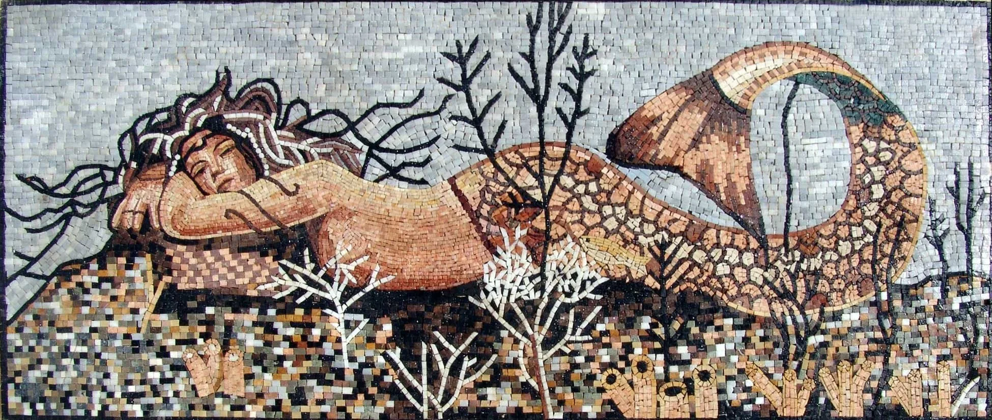 Geometric Reclining Figure - Marble Mosaic Mermaid Pool Luxury Handcrafted Natural Stone Art - Mesh Backing