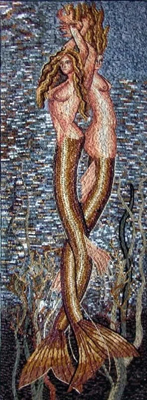 Two Mermaids - Marble Mosaic Stone Art Handmade - Mesh Backing