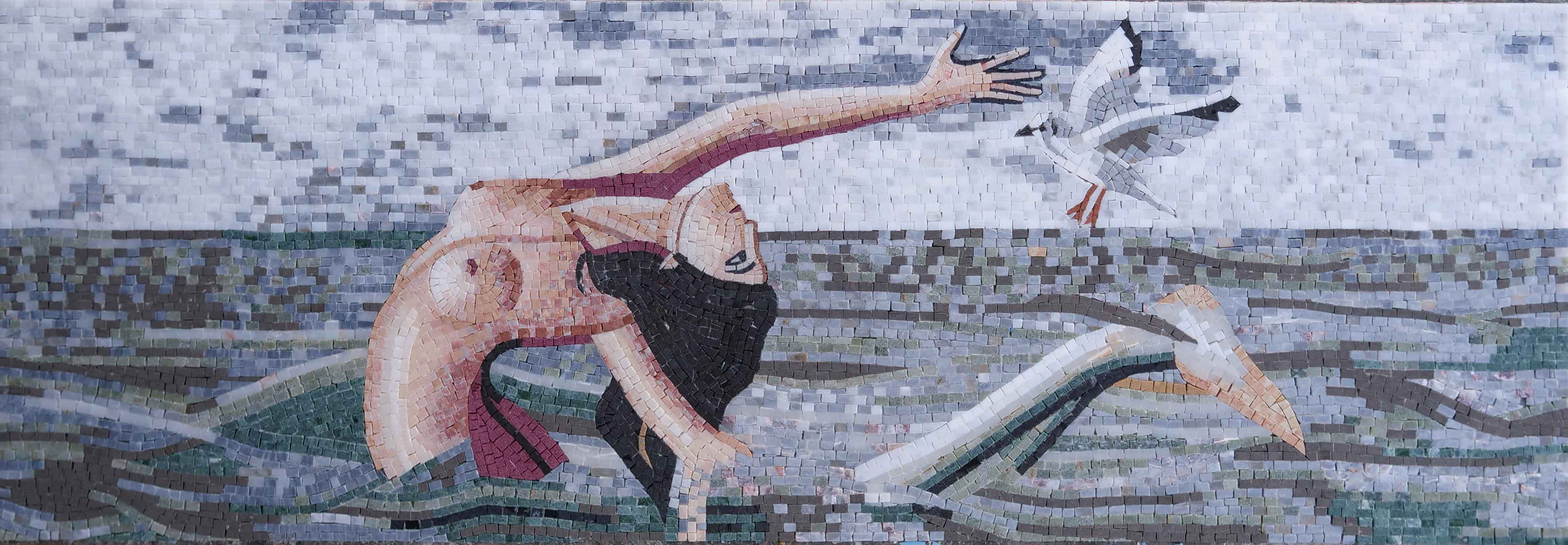 Figure Seagulls - Marble Mosaic Reproduction Wall - Mesh Backing