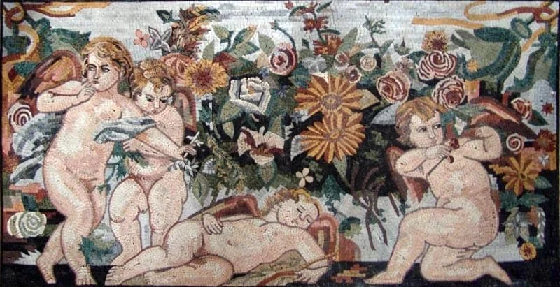 Floral Cherubs - Marble Mosaic Playful Art - Mesh Backing