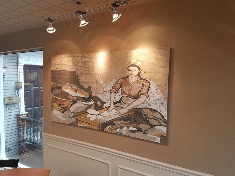 Traditional Woman Making Saj Bread - Marble Mosaic Mural - Mesh Backing - Image 2