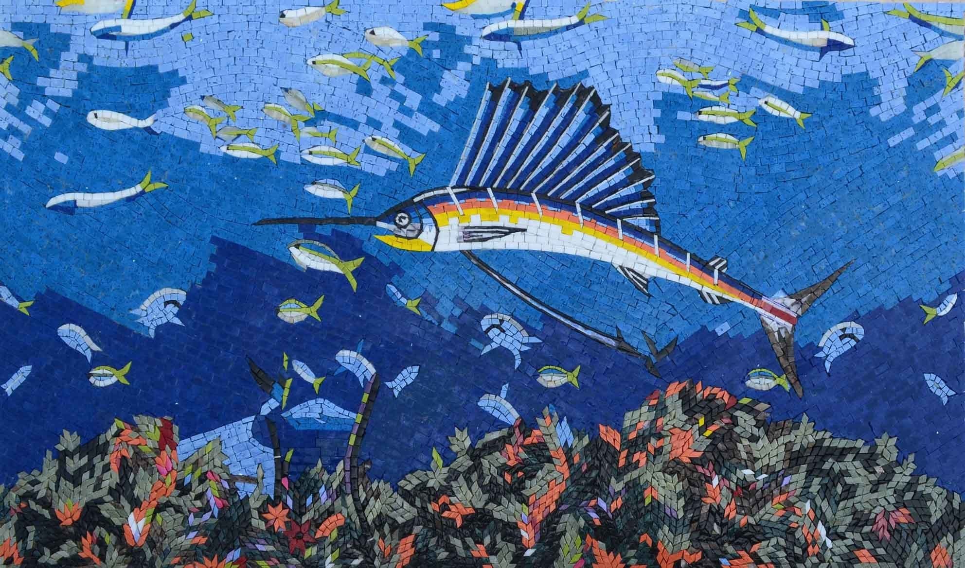 Vibrant Underwater Scene - Marble Mosaic Aquarium Fish - Mesh Backing
