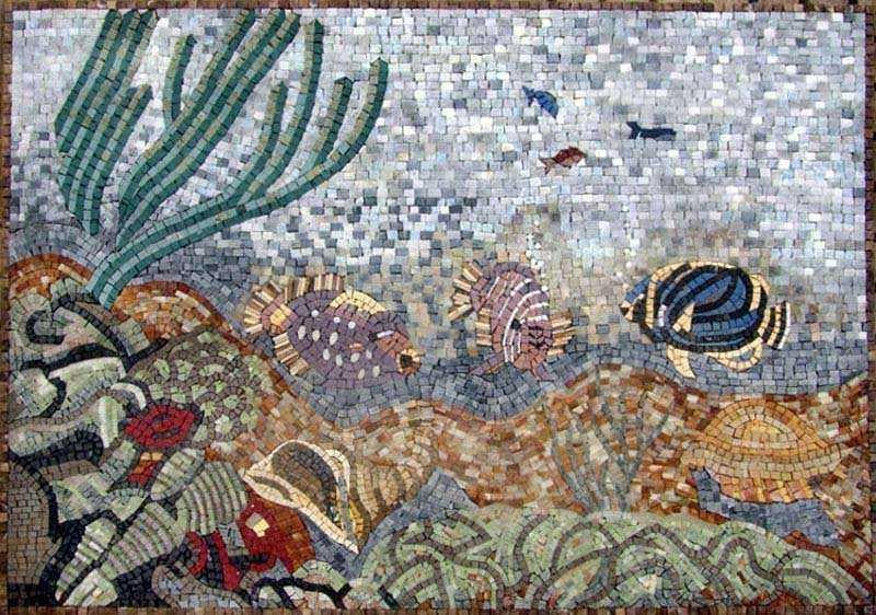 Vibrant Coral Reef Fish - Marble Mosaic Mural - Mesh Backing