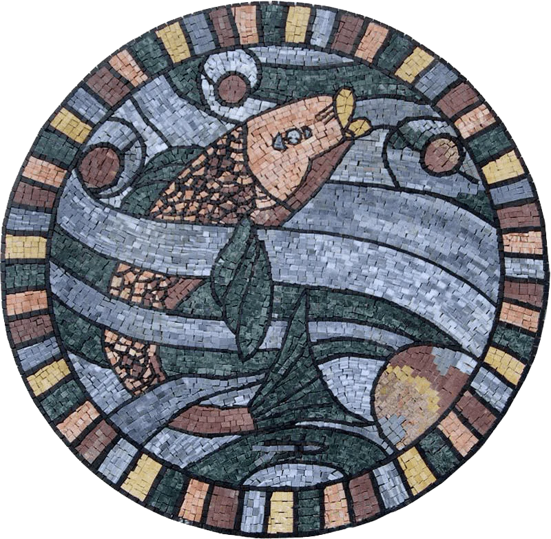 Swimming Fish - Marble Mosaic Medallion - Mesh Backing
