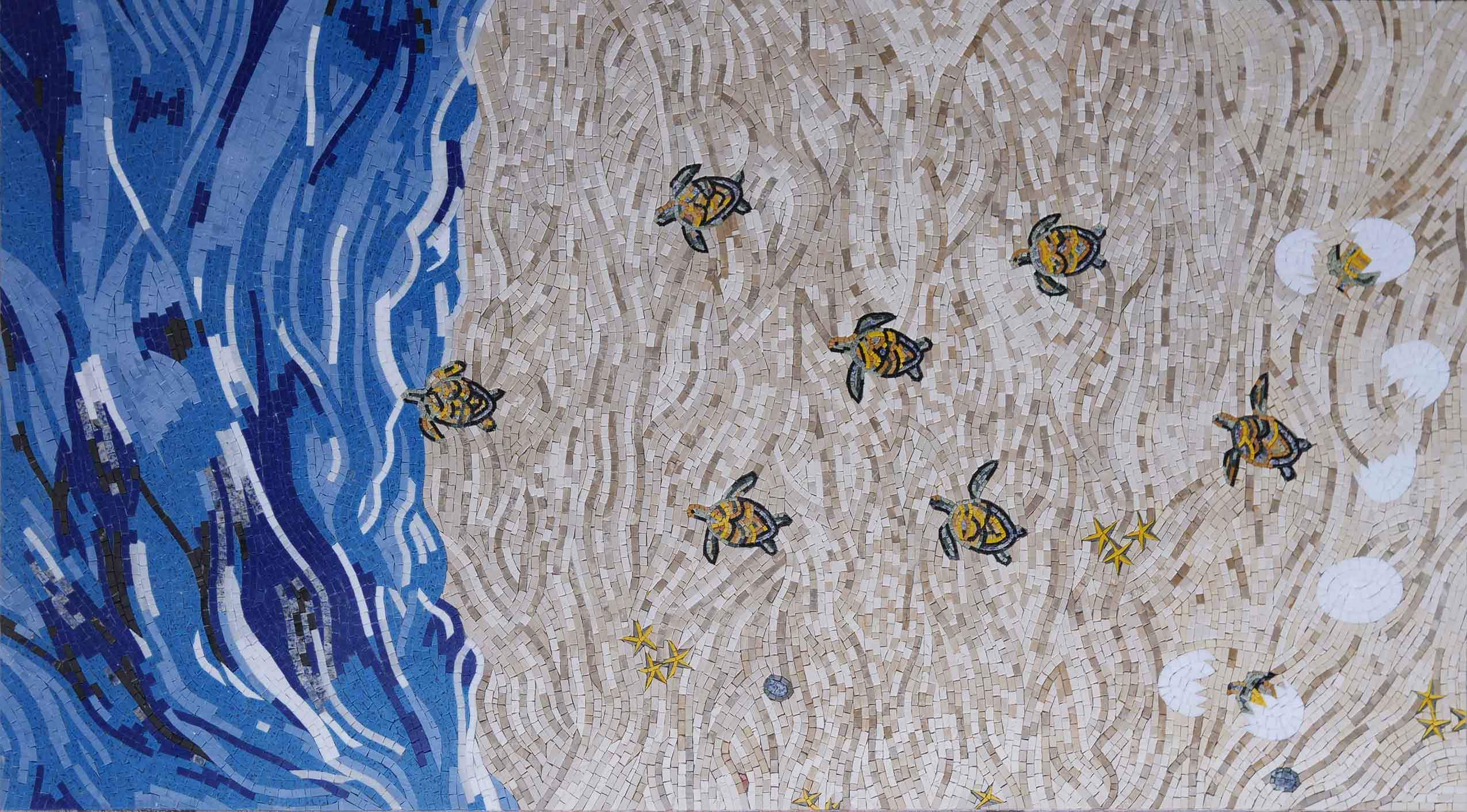 Hatching Sea Turtles - Marble Mosaic Tile Artwork - Mesh Backing - Image 2