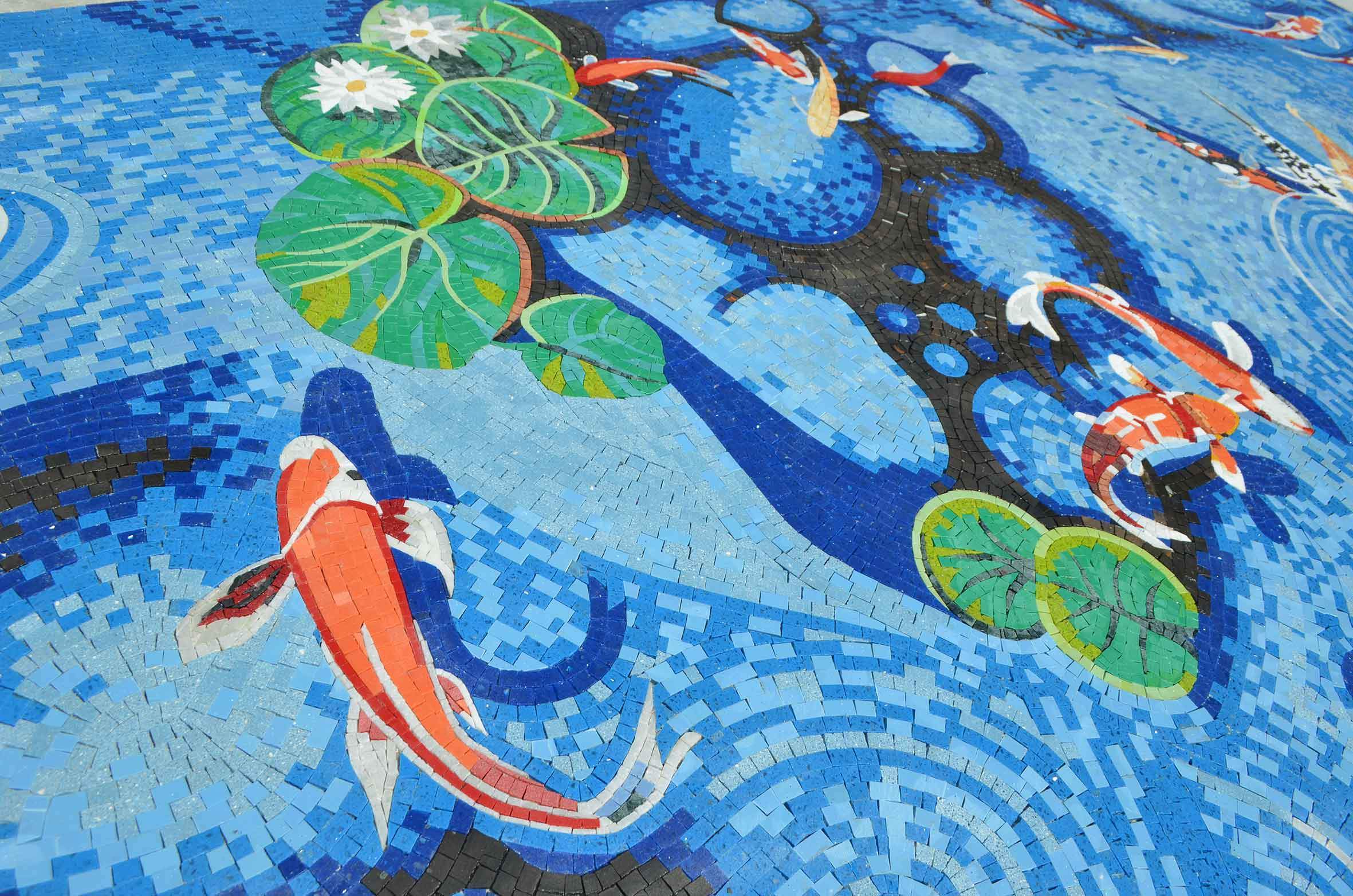 Koi Fish Lily Pads - Shower Niche Mosaic Art Luxury Handcrafted Natural Stone - Mesh Backing - Image 2
